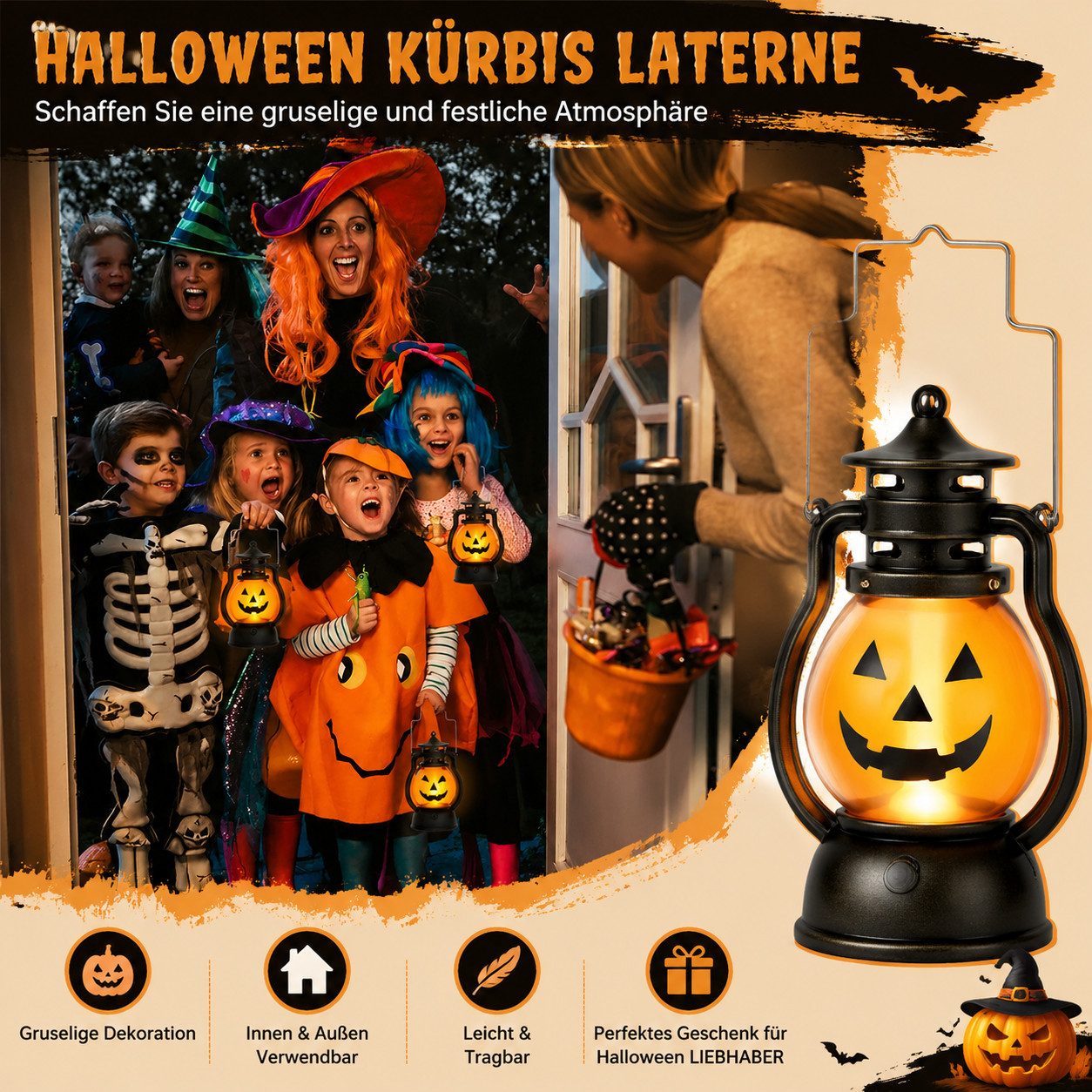 nsihing LED Laterne Halloween Kürbislaternen 3er Set mit LED, Tragbare Kürbislaternen, Batteriebetrieben für Innen, Außen, Party & Halloween Deko – Bild 5 von 5