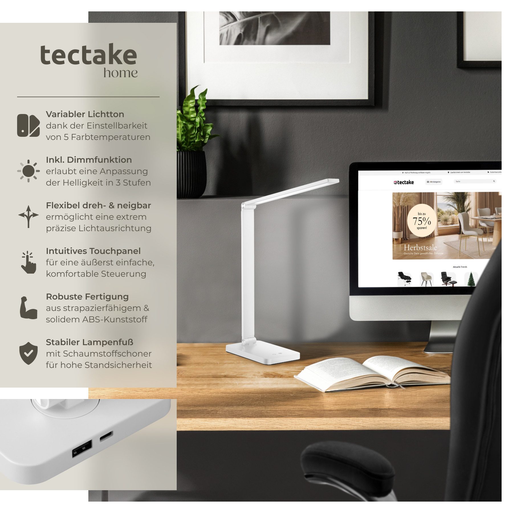 tectake Schreibtischlampe Tischleuchte Novaly, LED, dimmbar, günstig online kaufen