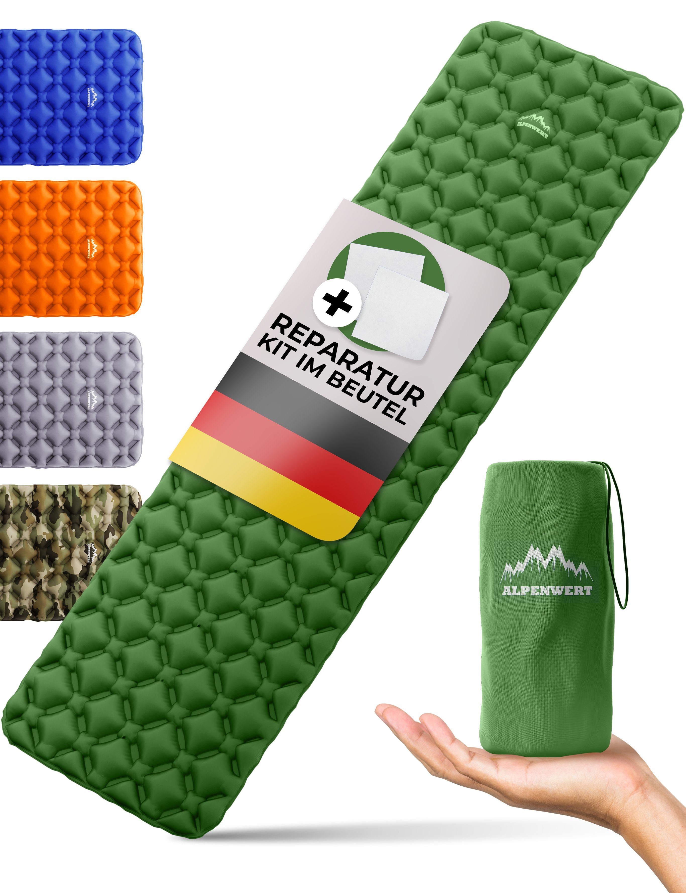 Kit Schlafmatte Packmaß, Pad, Isomatte GRATIS Alpenwert (Set), Grün Outdoor Aufblasbar Ultra Reparatur Leicht, Sleeping Kleines Camping