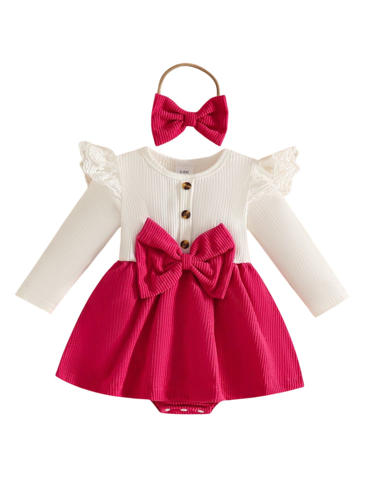 Lapastyle Strampler Baby-Langarmbody mit Schleife Mädchen-Cordbody-Set (Strampler + Stirnband Sets) Schleifen-Strumpfanzug, Rüschenkleid mit kleinen Flügeln, Knopfdesign