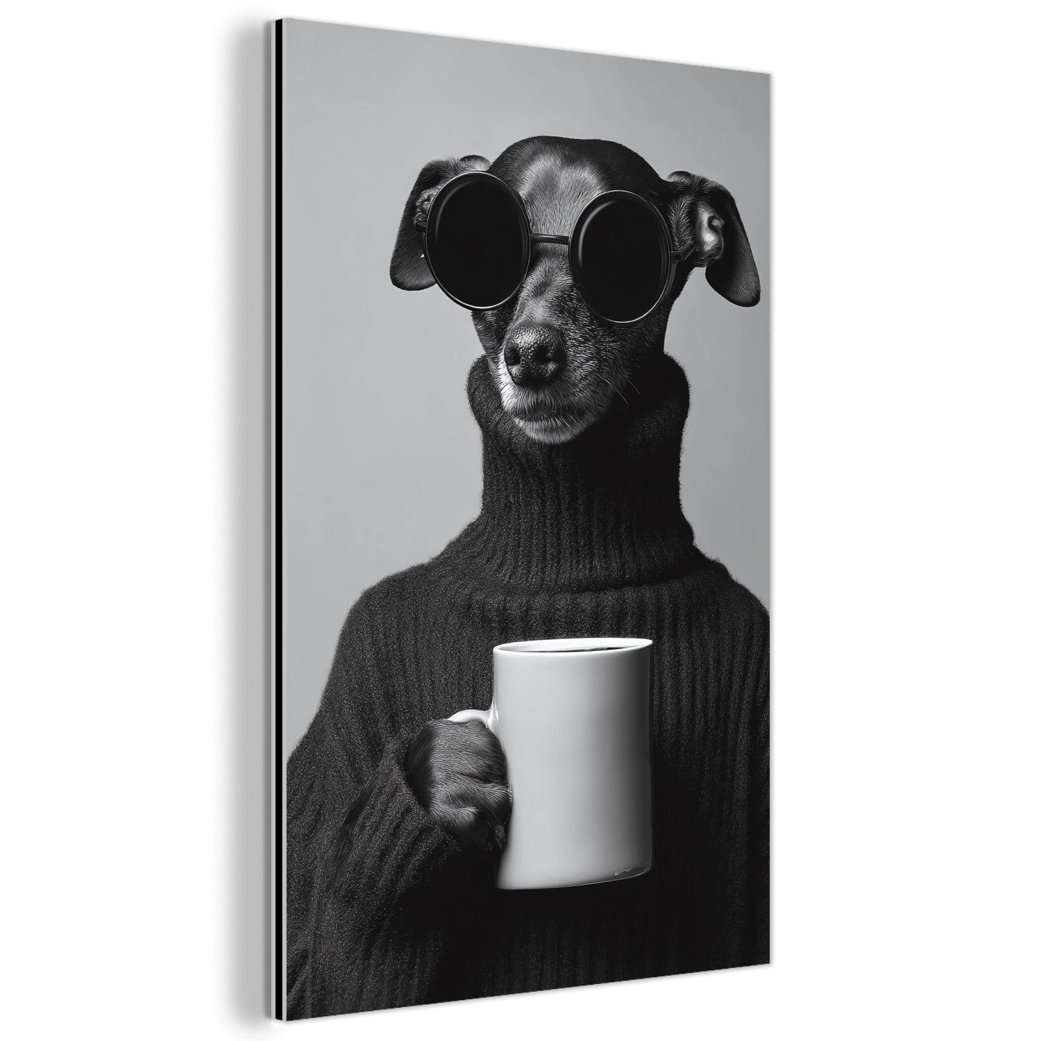 MuchoWow Metallbild Rollkragenpullover - Hund - Brille - Becher, Inkl. Aufhängung, Alu-Dibond-Druck, Dekoration aus Metall, Aluminium deko, 20x30 cm