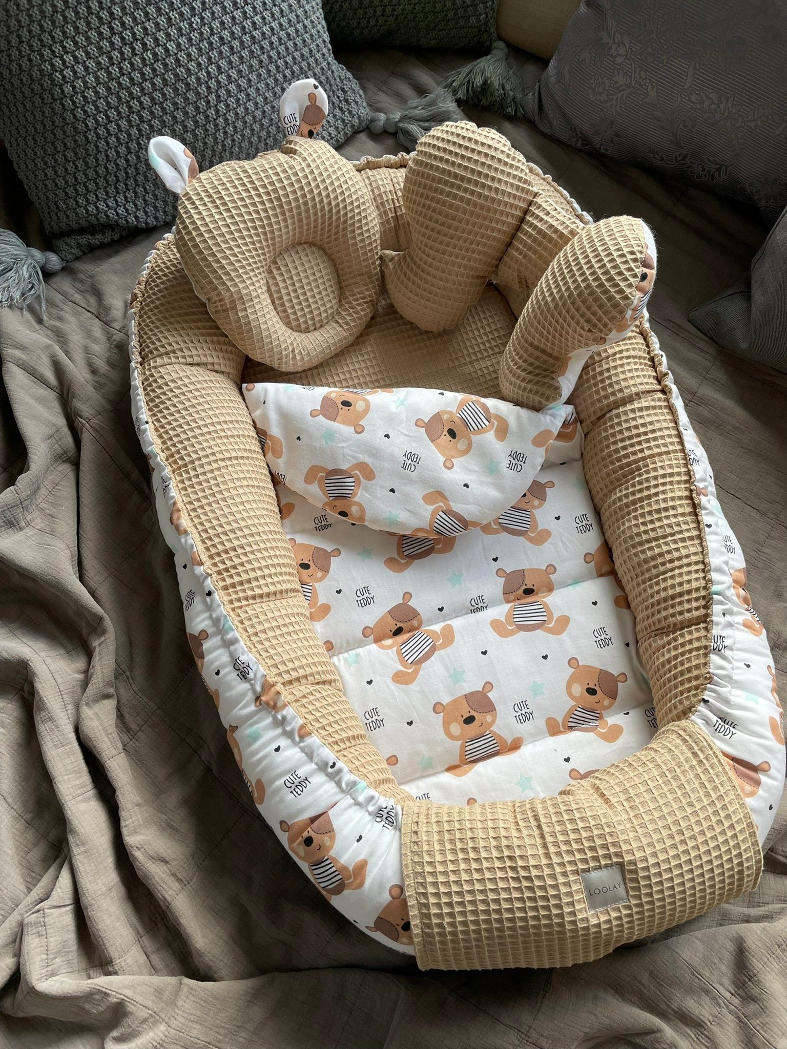 Bettnestchen TAUPE WAFFELPIQUE Braun TEDDY Baumwolle BABYNEST Babykokon Kokon