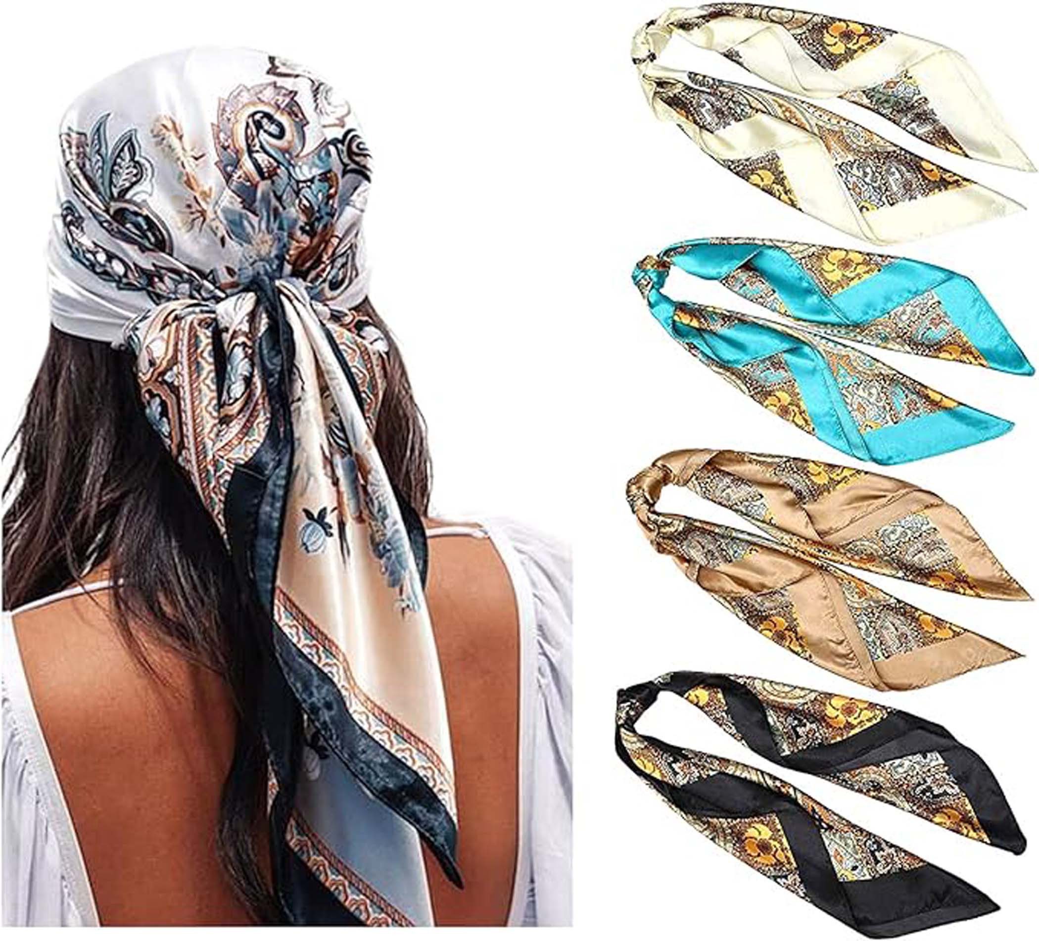 Bwecuy Seidentuch 4er Set Damen Halstücher 90×90 cm, Vintage Print Haar- & Kopftuch