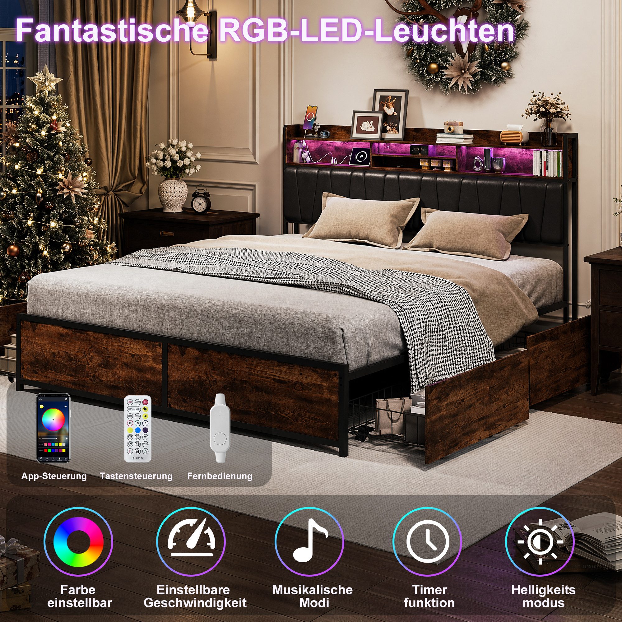 Yelenaro Polsterbett Stauraumbett Doppelbett mit LED-Beleuchtung (Bettgestell mit Kopfteil,Ladefunktion und 4 Schubladen), Metallbett mit USB&Type-C,Jugendbett  – Bild 3 von 5