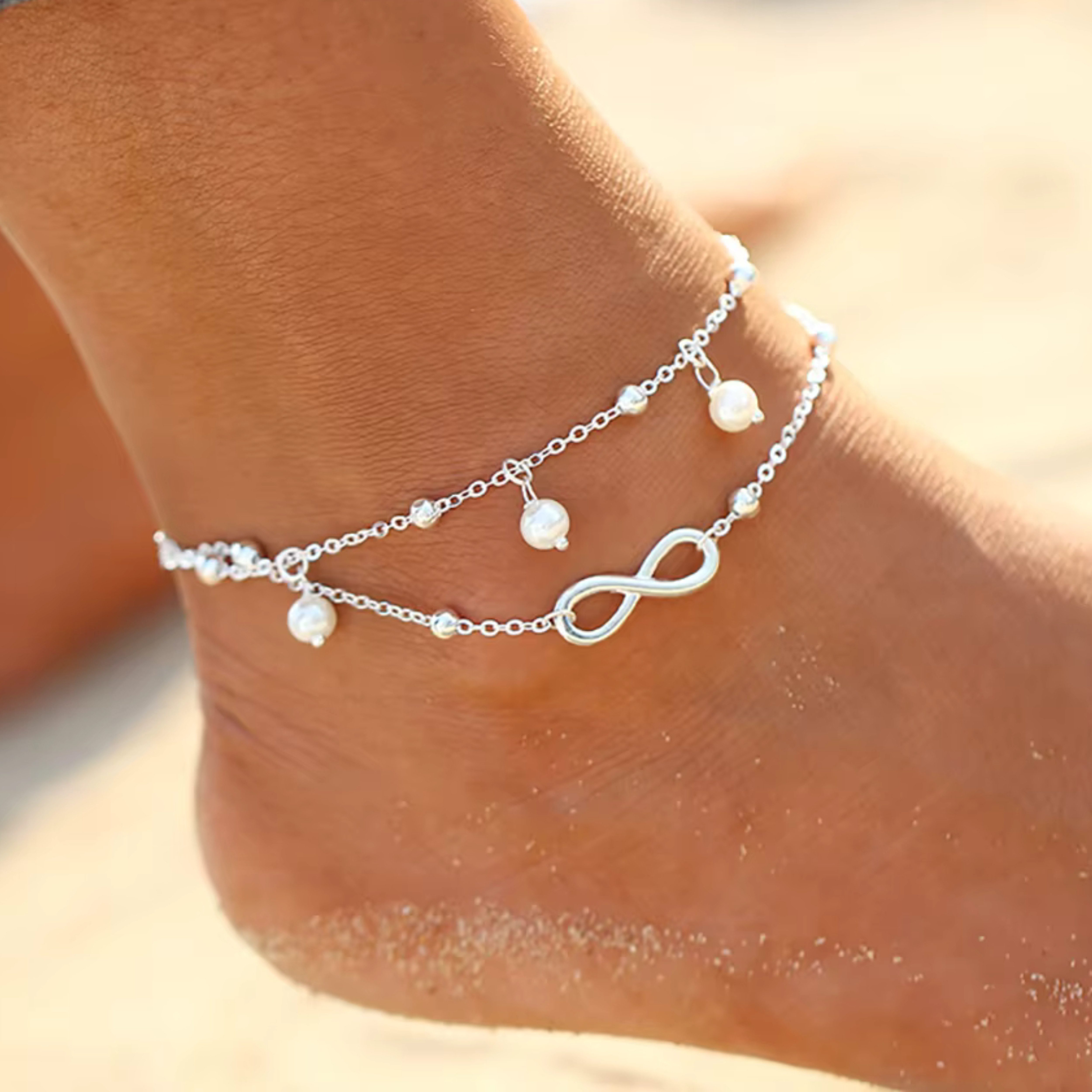 Felino Fußkette mit Anhänger Damen Infinity Weiße Perlen Silber Unendlichke günstig online kaufen