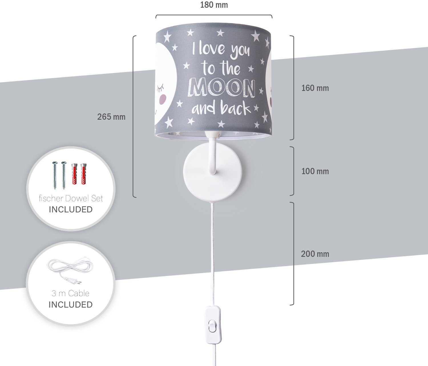 Mond Home Aleyna Babyzimmer âˆ…18cm E14 Kinderlampe fest Paco integriert, Kinderzimmer 3m 103, Wandleuchte Kabel LED
