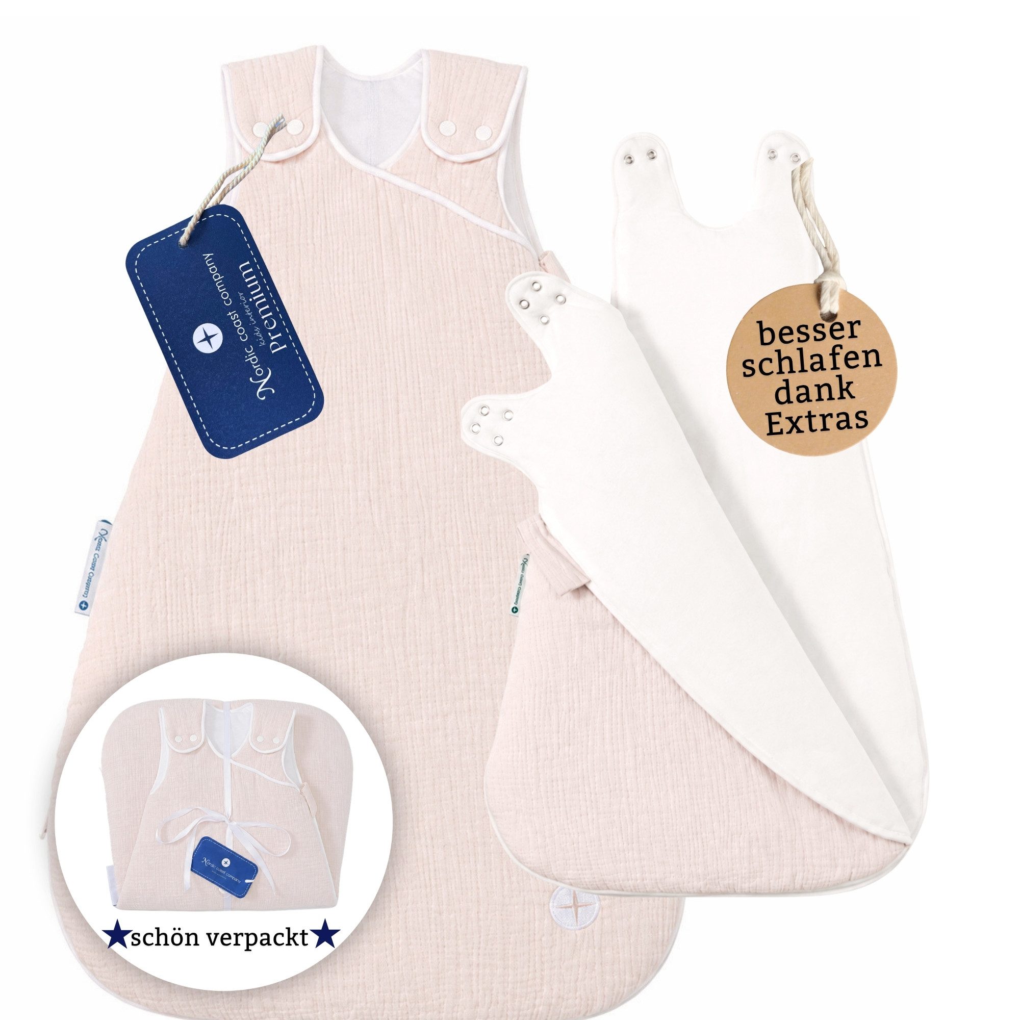 Nordic Coast Company Babyschlafsack Ganzjahresschlafsack Rundumverschluss für Wickeln ohne Wecken, Öffenen ohne Baby zu wecken. Besser schlafen mit perfekter Passform