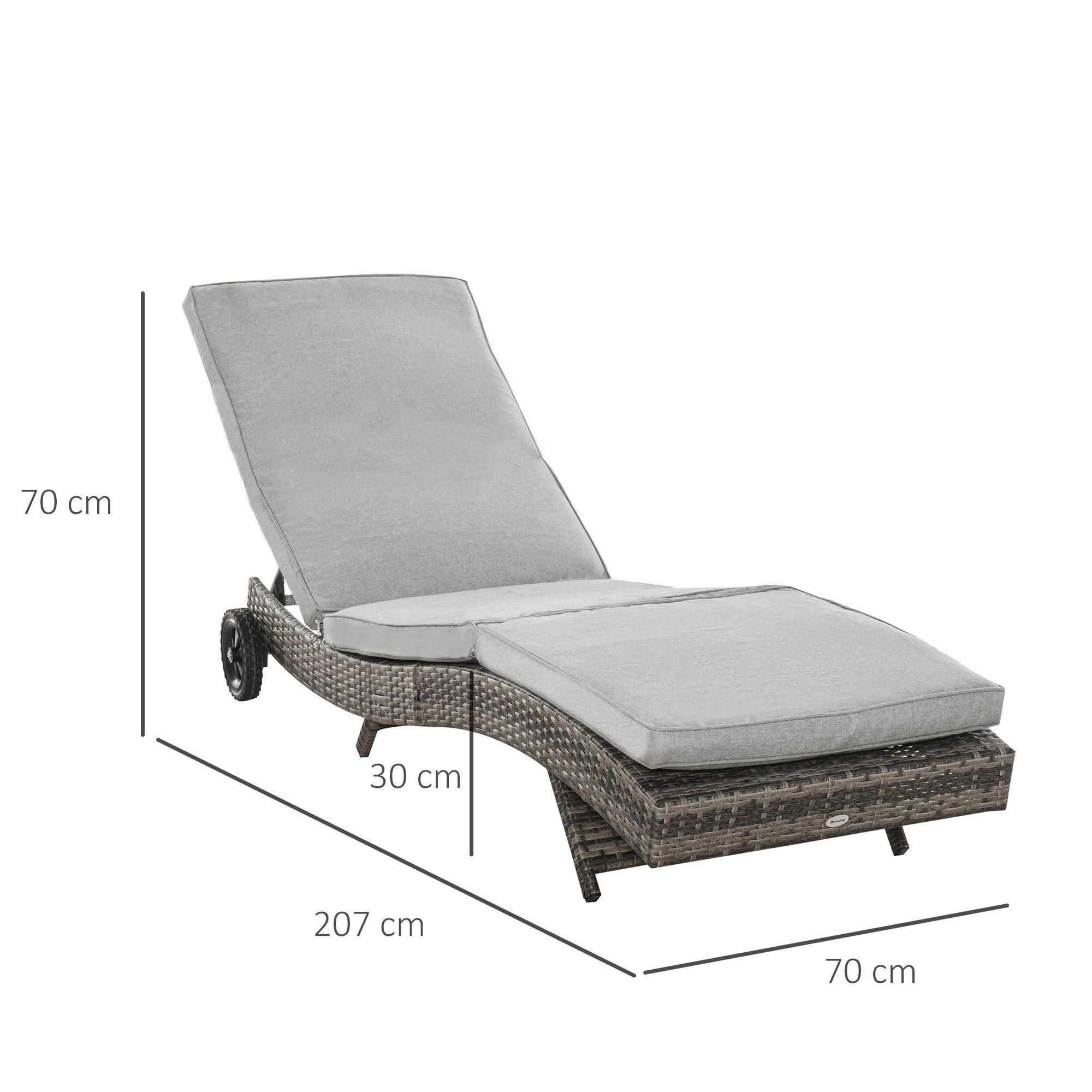 Outsunny Gartenliege Gartenliege mit Kissen, Polyrattan Sonnenliege, 1 St., Rattanliege, Metall Grau 207 x 70 x 70 cm