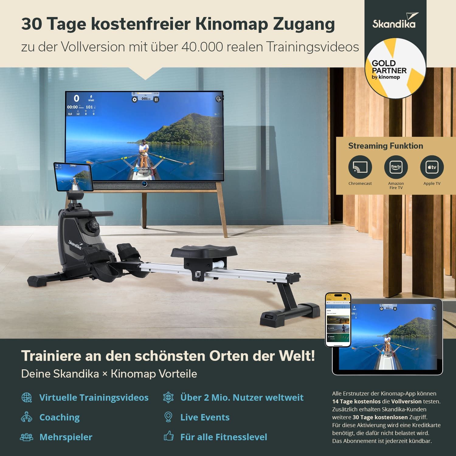Skandika Rudergerät Venn, Ruderergometer für Zuhause, aufstellbar, Kinomap App kompatibel (Transportrollen, Pulsempfänger, Standfunktion, Bluetooth), Tablet-Halterung, LED-Display, Magnetbremssystem, 8 Widerstandsstufen