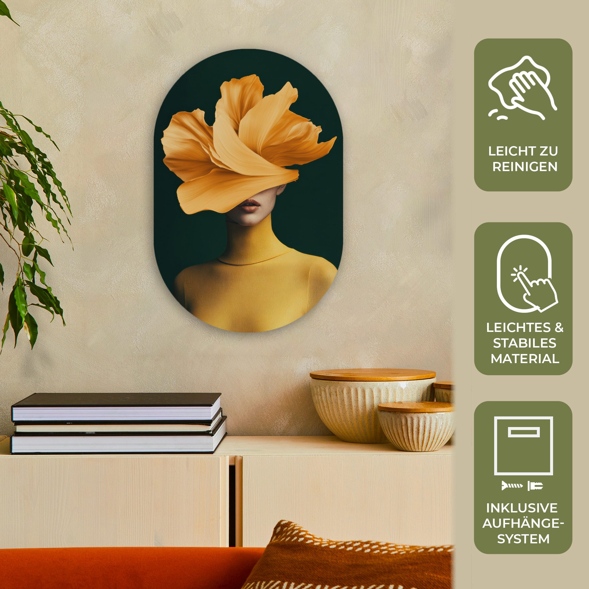 MuchoWow Gemälde Frau - Hut - Gelb, Fotodruck (1 St), Wandbild Oval, Wohnzimmer oder Schlafzimmer Wanddekoration, 40x60 cm
