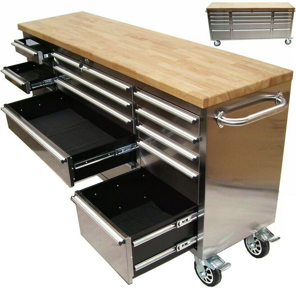 Werkstattwagen Edelstahl Werkstattwagen Werkbank 66060 Werkzeugwagen XXL 15 Rollwagen