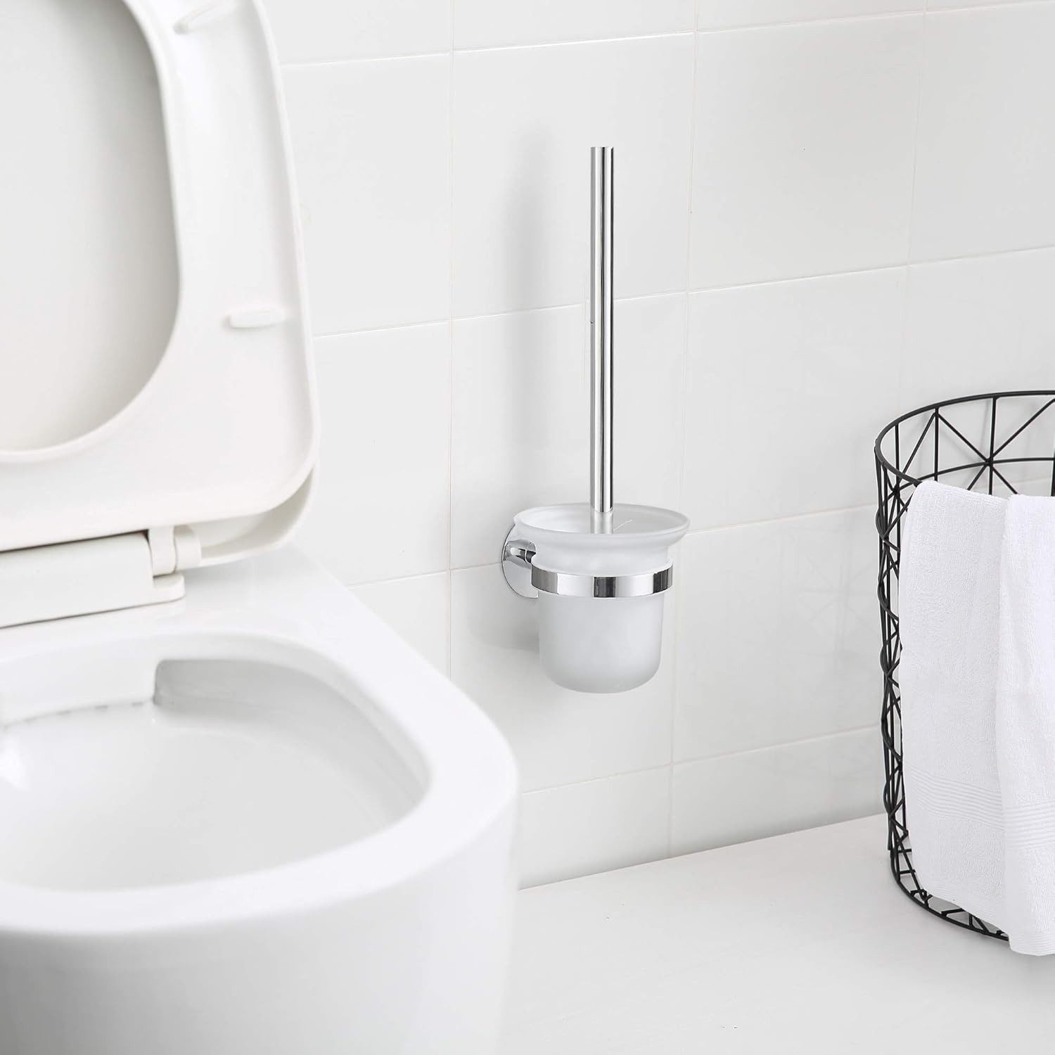 wohnTRAUM24 WC-Garnitur Toilettenbürste und Bürstenhalter,WC-Toilettenbürstensets, mit Edelstahlgriff und Gehärteter Glasschale – Bild 3 von 5