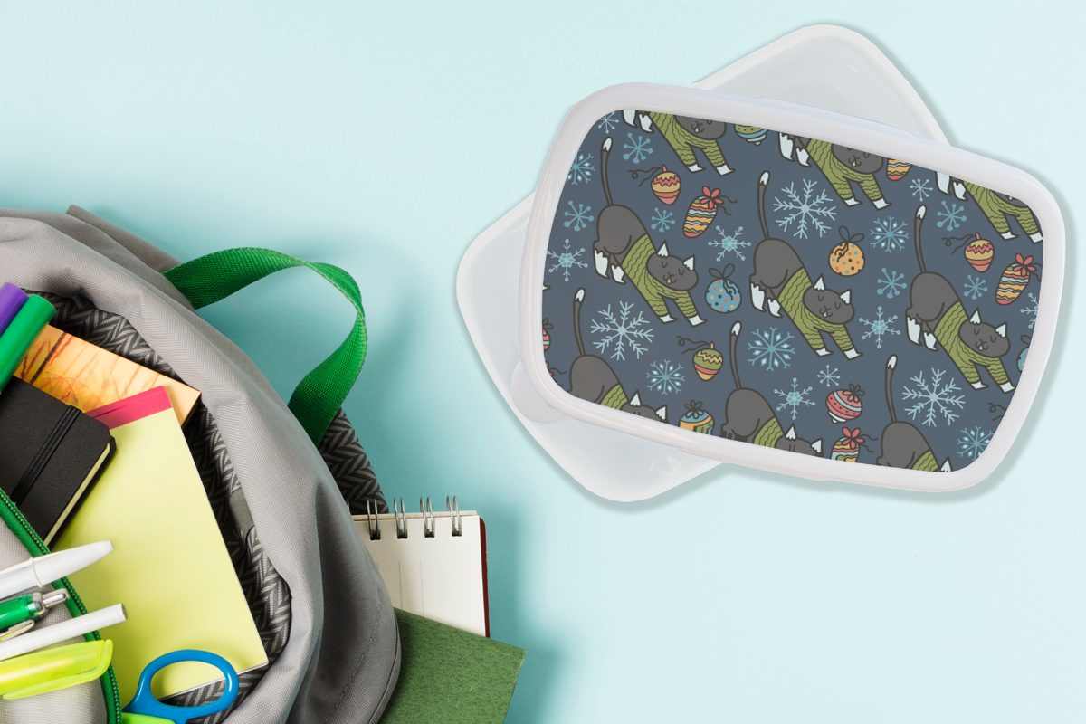 Jungs Weihnachtskugel Schnee MuchoWow Brotdose, Katzen - - Muster, (2-tlg), für Erwachsene, Brotbox Kunststoff, und Kinder - und für Lunchbox weiß Mädchen
