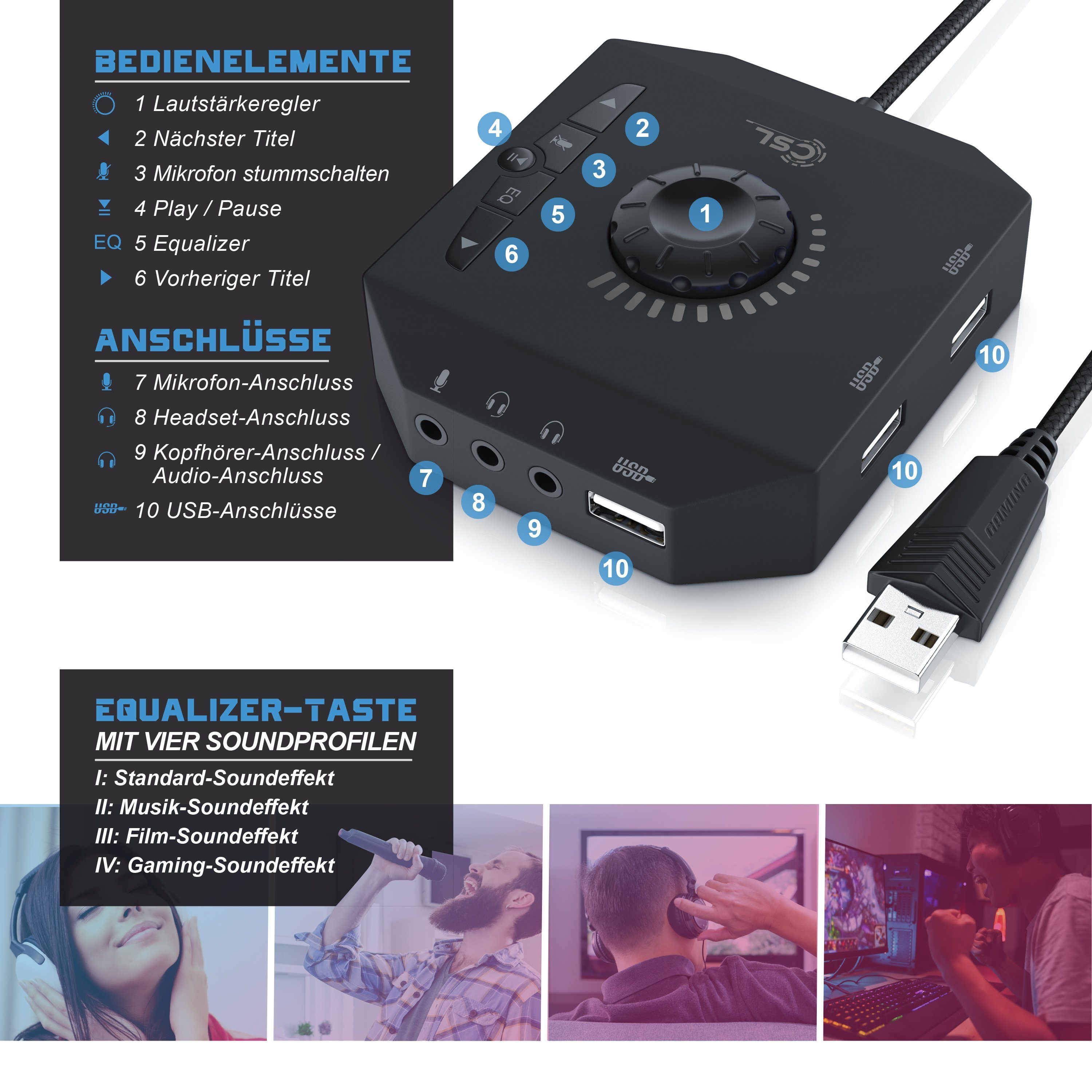 CSL extern, Lautstärkeregelung, Anschluss für Headset, Kopfhörer, Mikrofon USB-Soundkarte, Klang-Upgrade für PC und Notebook, Plug and Play, USB-Soundkarte – Bild 3 von 5