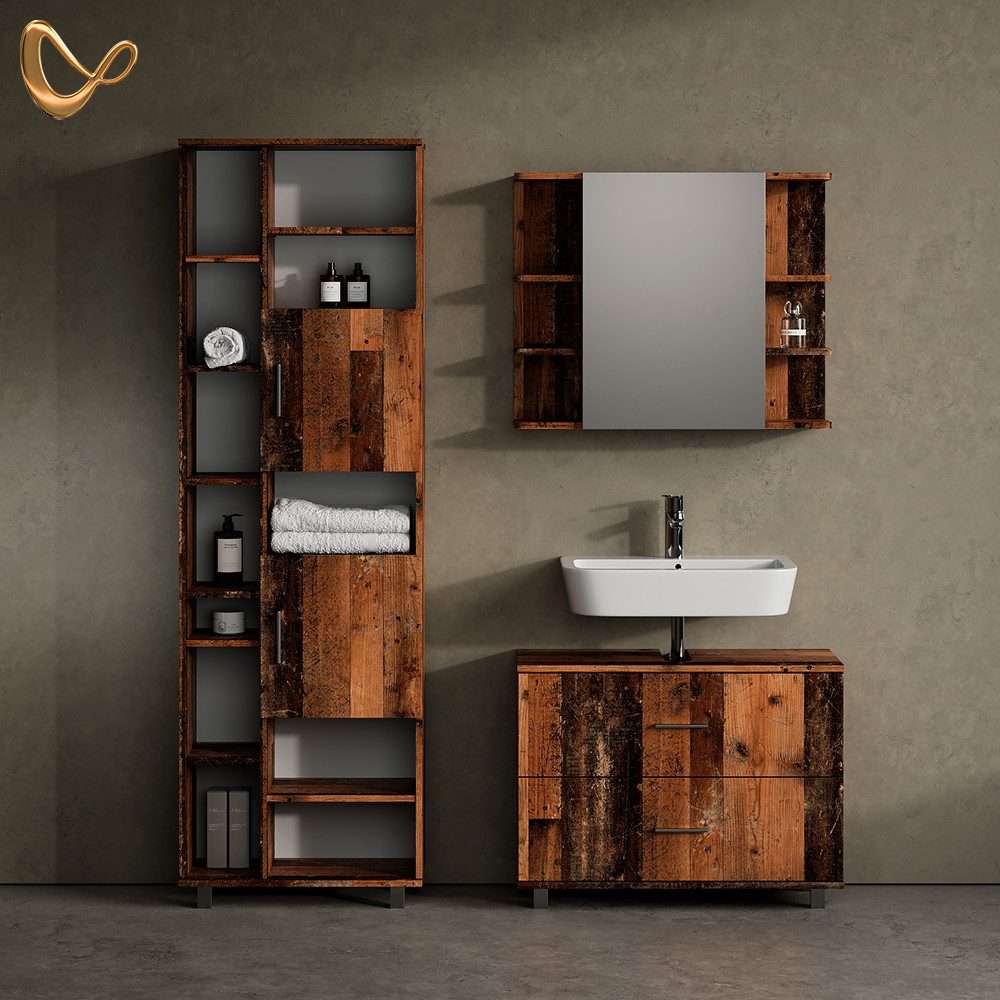 Livinity® Badmöbel-Set Eisak, Eiche rustikal, 3 Teile, mit Hochschrank günstig online kaufen