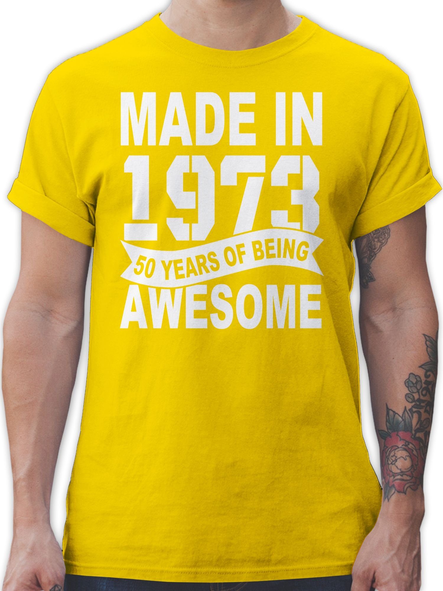 Echtheitsgarantie! Shirtracer T-Shirt Made in Gelb weiß years 1973 2 of being Geburtstag awesome Fifty 50