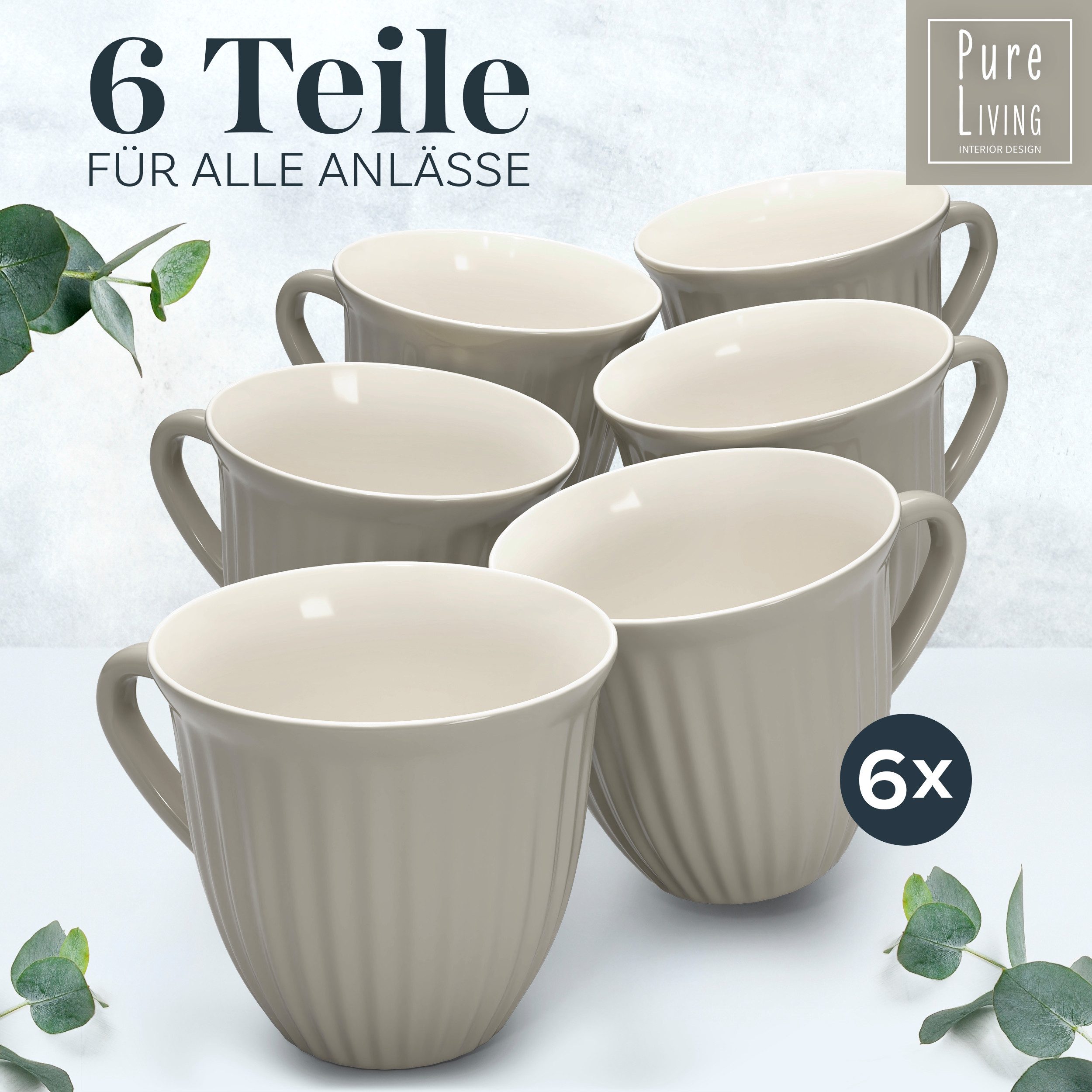PURE LIVING INTERIOR DESIGN Geschirr-Set Hygge Becher, 6er-Set, 435 ml, Hellbraun Steingut, 6 Personen, Steingut, Spülmaschinenfest, mikrowellengeeignet, für Heißgetränke geeignet