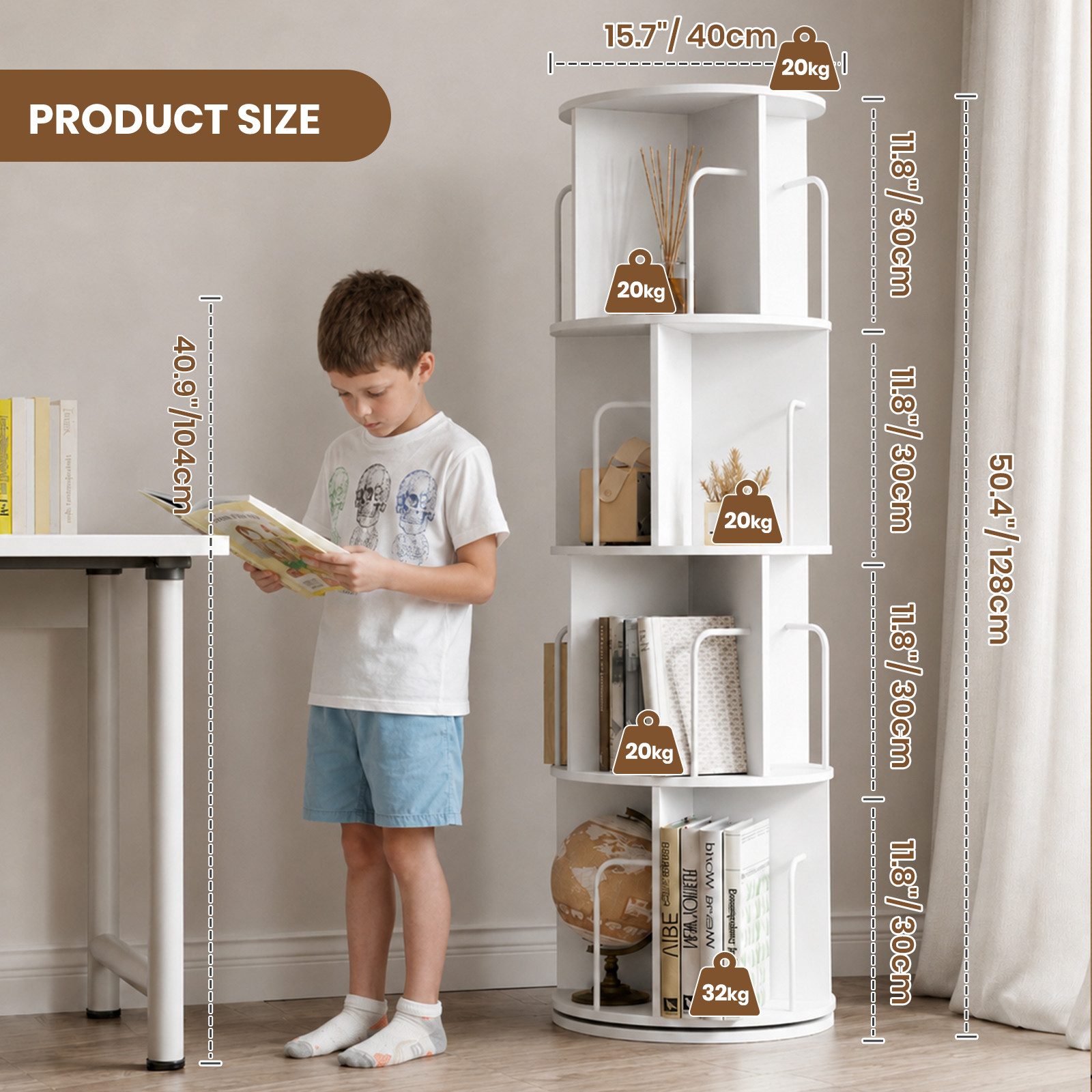 Oak&Tea Bücherregal Bücherregal drehbar mit 4 Ebenen, Standregal für Bücher & Deko, 4 Etagen, Höhe 128cm, drehbar, Durchmesser 40 cm, platzsparend – Bild 4 von 5