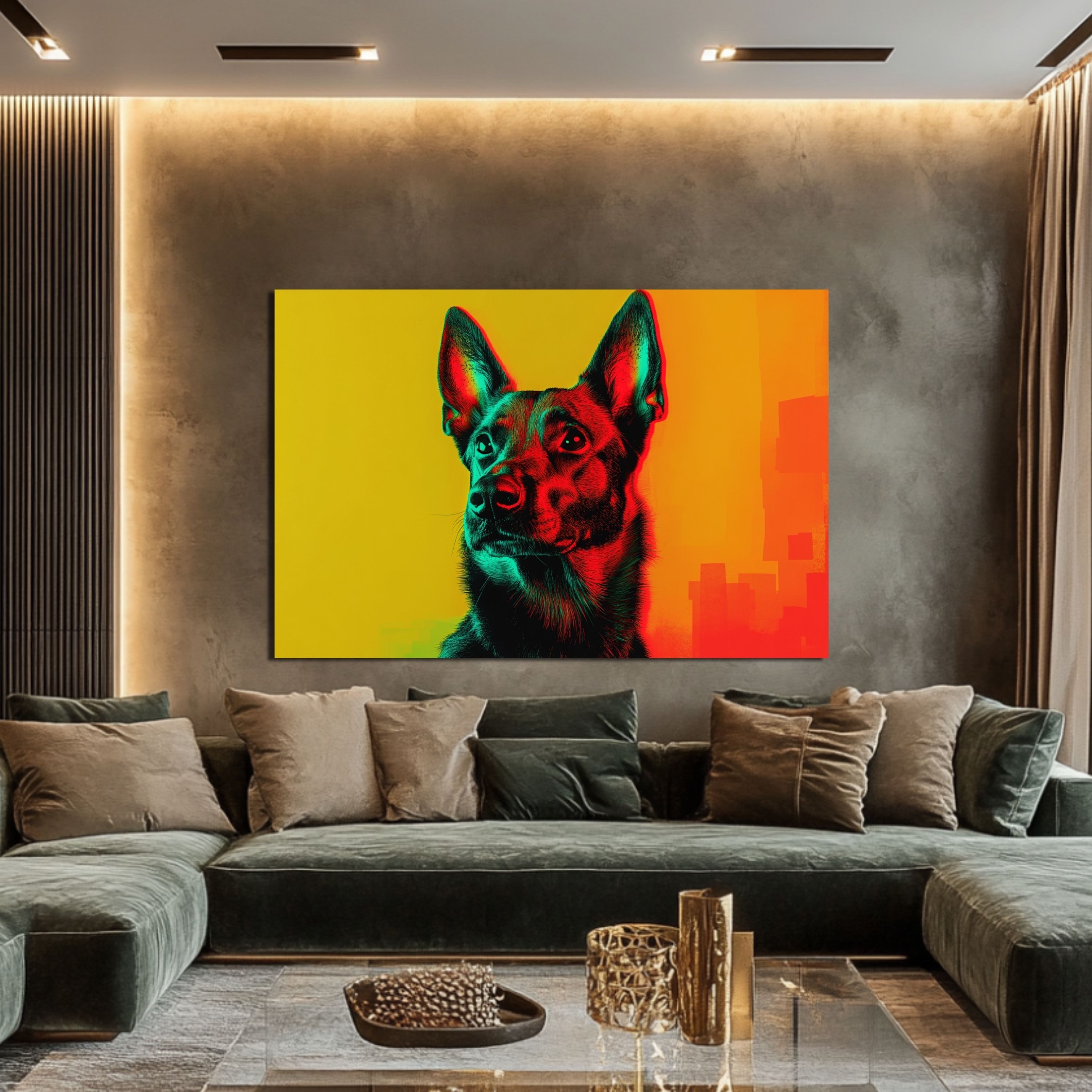 DARO Design Leinwandbild Modern Abstrakt Wandbilder XXL Wandbild Wand Deko Leinwand Bilder, (Malinois Warhol Glitch - Bild groß Wohnzimmer Schlafzimmer Küche Esszimmer Einteilig Querformat Fotodruck Leinwände Wanddeko Abstrakte Kunst Boho), 30x20cm