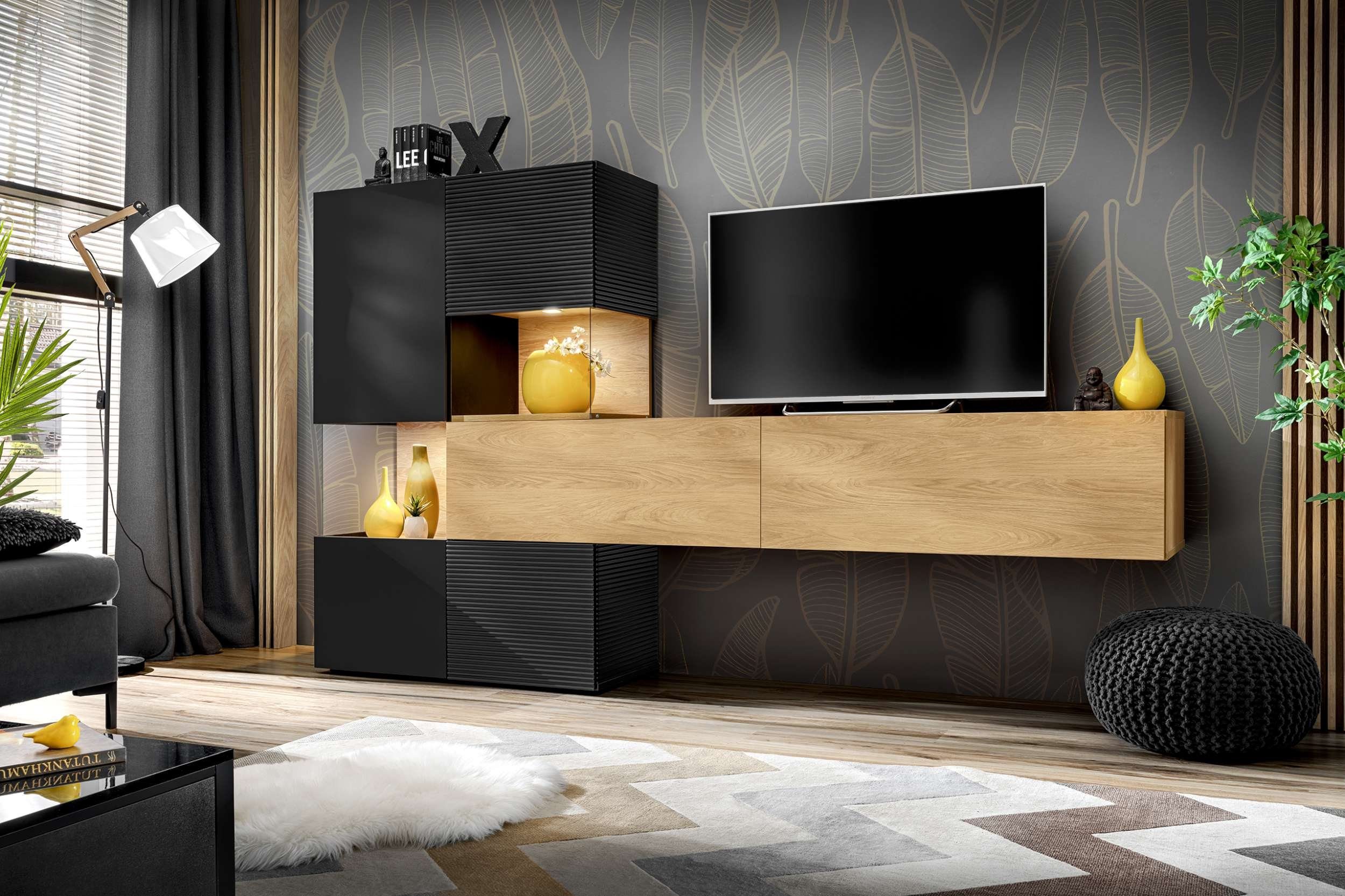 Stylefy Wohnwand Eryk, (Wohnmöbel, Wohnzimmer-Set), Wohnwand, viel Stauraum, stehend, LED-Beleuchtung, mit Glaseinsatz Schwarz Matt - Hickory-Oak