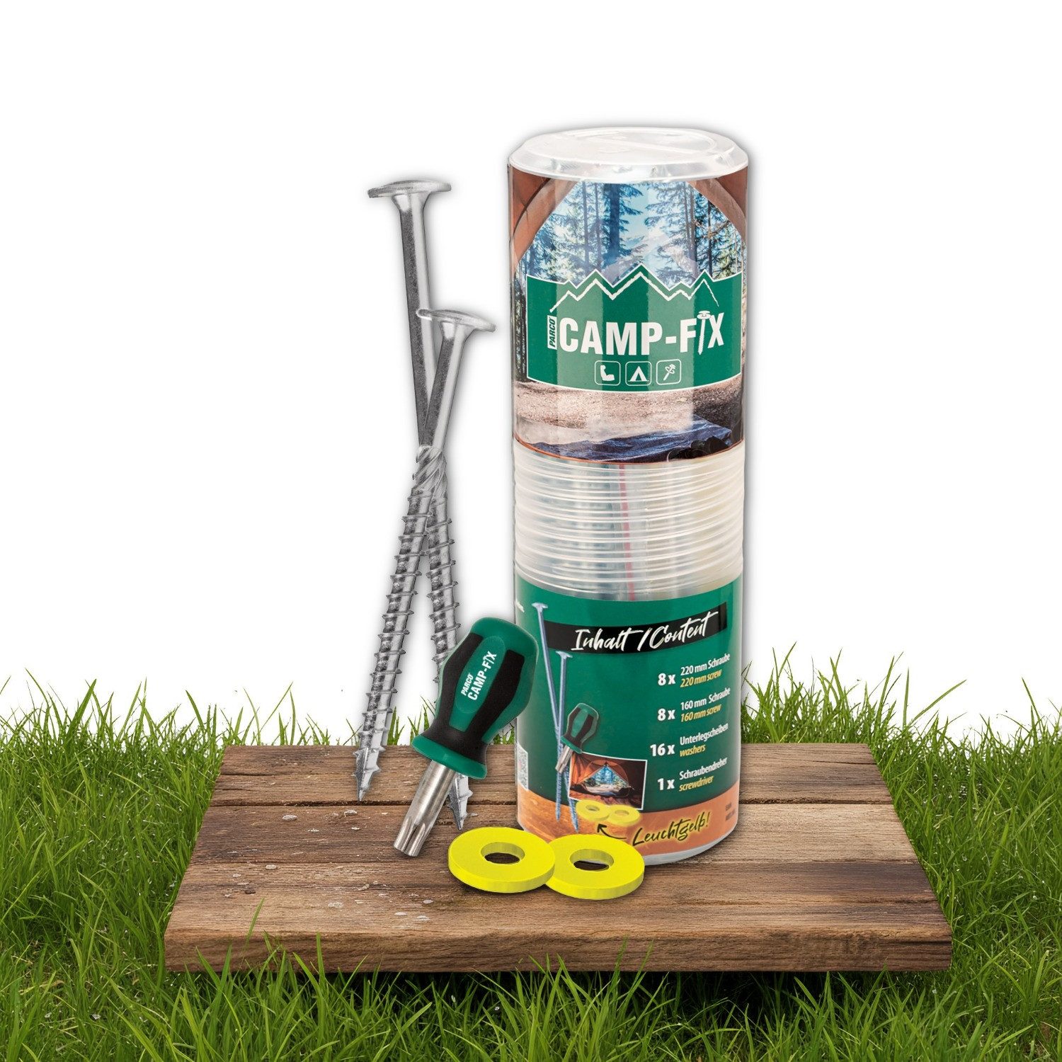 PARCO Zelthering Camping Zubehör Schraubhering Camping Set, (33-St., Für harten Boden, Outdoor-Nutzung), Camping Set mit Schraubendreher und Unterlegscheiben aus Kunststoff