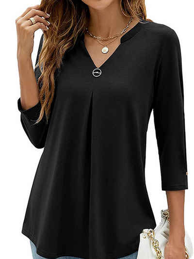 ZWY 2-in-1-Shirt Schlupfbluse mit modischen Knöpfen, luftige Kurzarmbluse, sommerlich (1-tlg) Damen Bluse 3/4 Arm Elegant V-Ausschnitt Tunika Shirt Oberteil