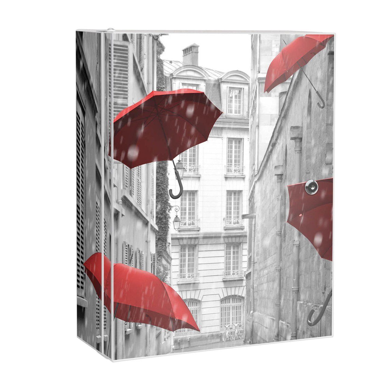 banjado Medizinschrank Stahl Rote Schirme (abschließbar, 3 große und 2 kleine Fächer) 35 x 46 x 15cm weiß