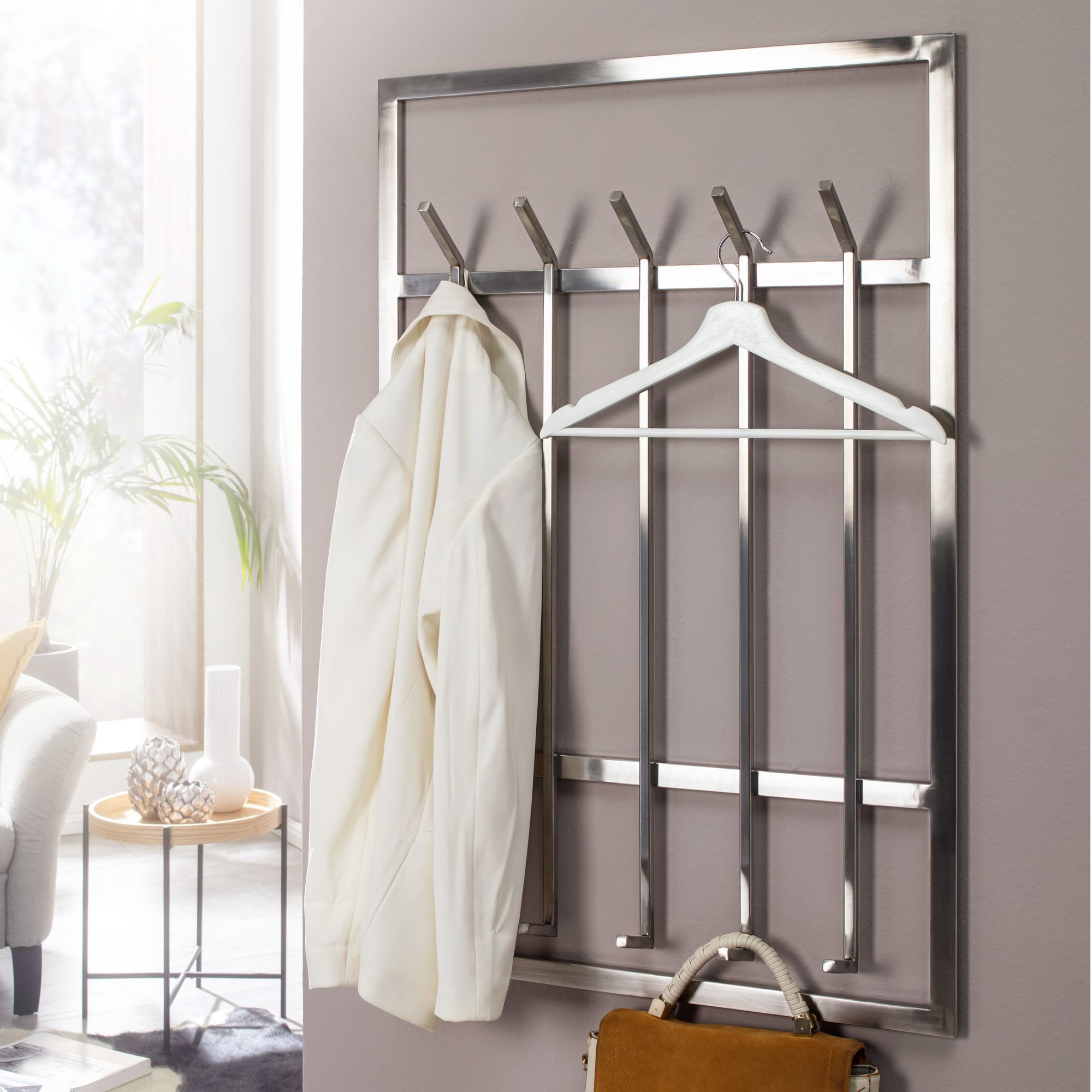 FINEBUY Wandgarderobe FB73626 (Metall Silber 60x100x7,5 cm Hakenleiste Modern), Garderobe Wand Stahl, Flurgarderobe Modern