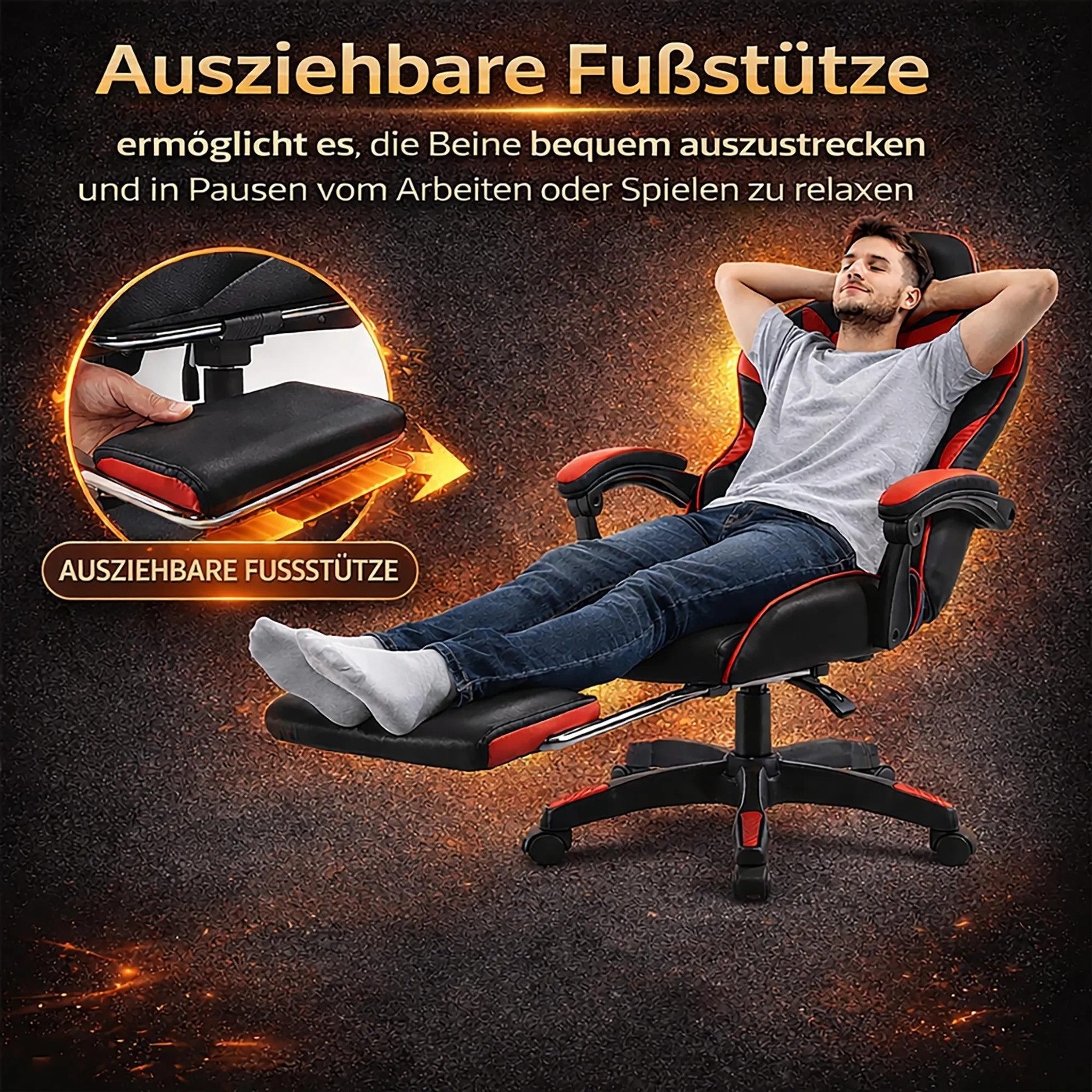 Athlix Gaming-Stuhl Gaming-Stuhl Ergonomisch, gepolsterter Sitz, verstellbare Rückenlehne, 360°-Rollen, Pflegeleichtes PU-Leder, Höhenverstellbar und Neigbar
