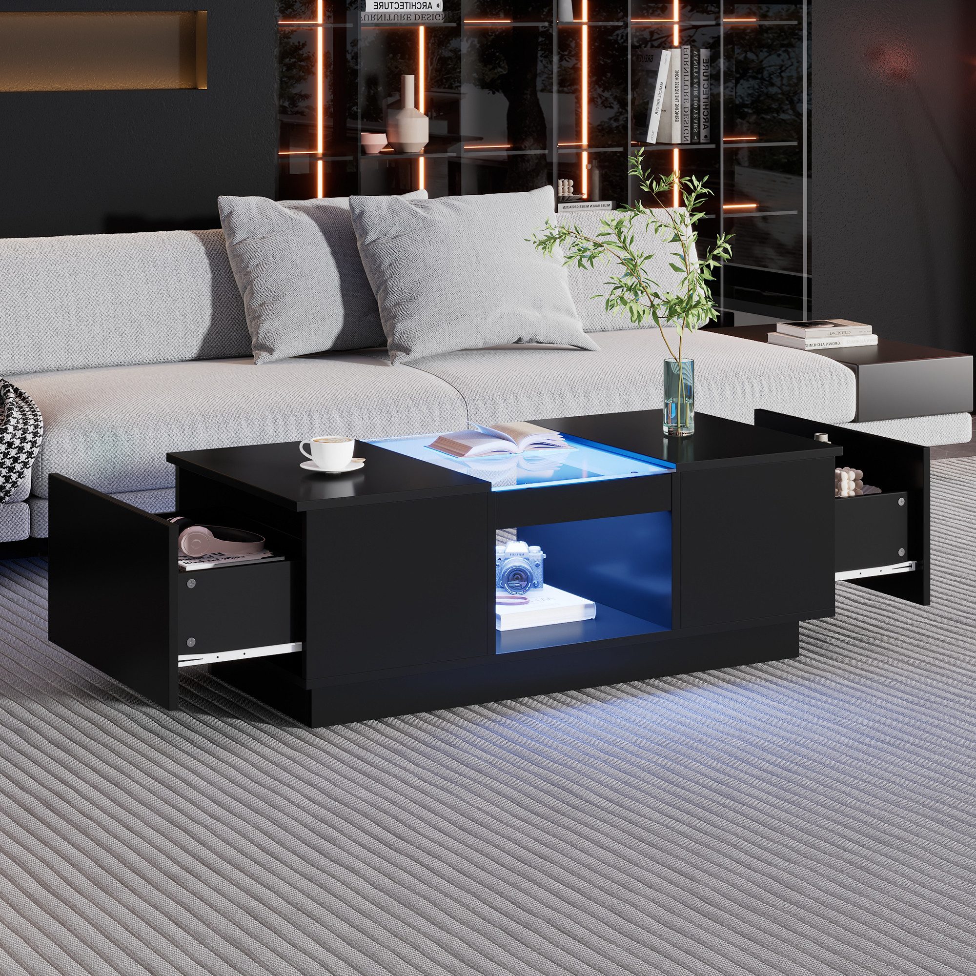 REDOM Couchtisch Hochglanz Couchtisch mit LED-Licht & Stauraum (Packung, 100x50x35,5cm in Schwarz mit Glasverkleidung), 2 Schubladen und 1 offenes Fach für Wohnzimmer
