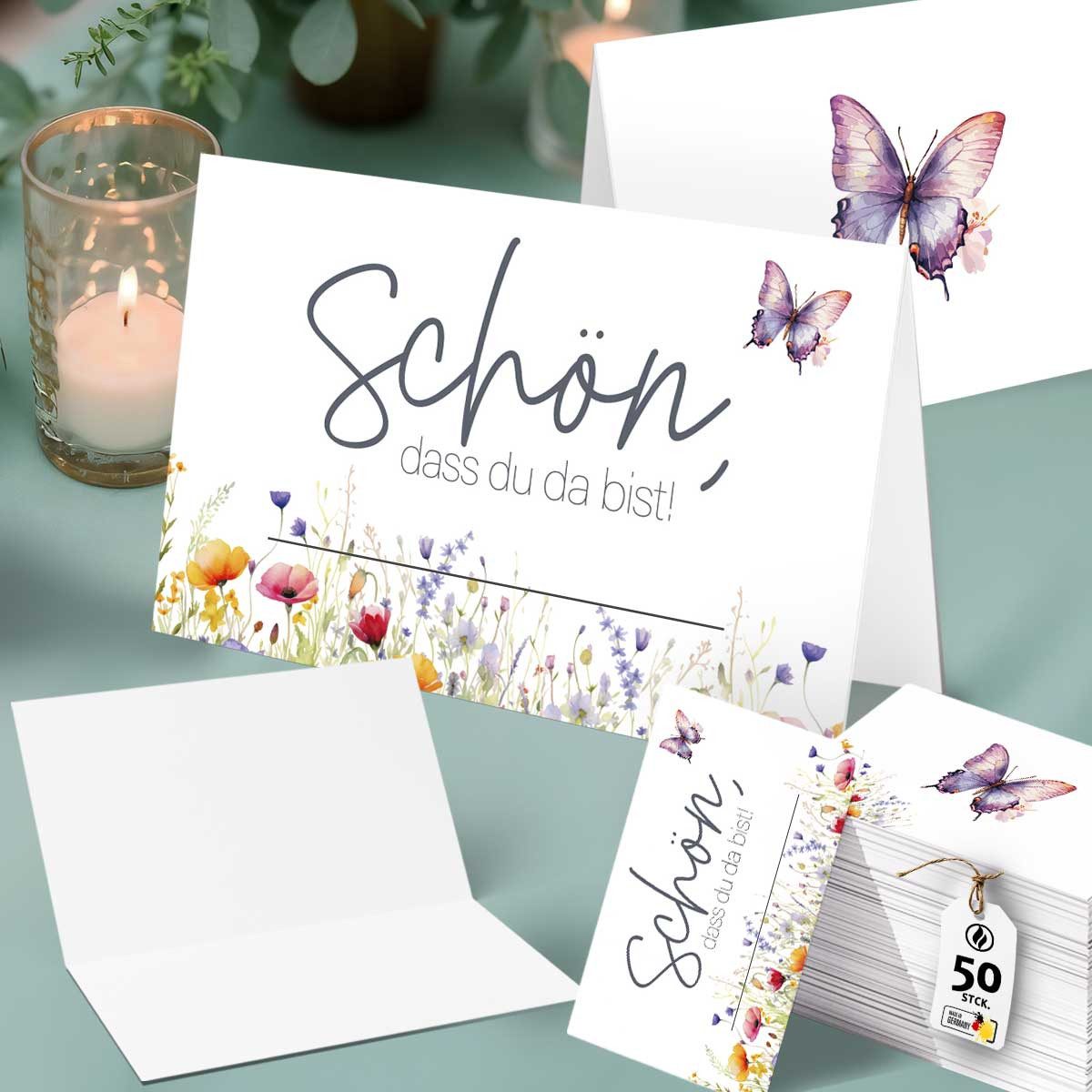 Funke & Brand Grußkarten 50x Tischkarten Floral Butterfly Wildblumen Design