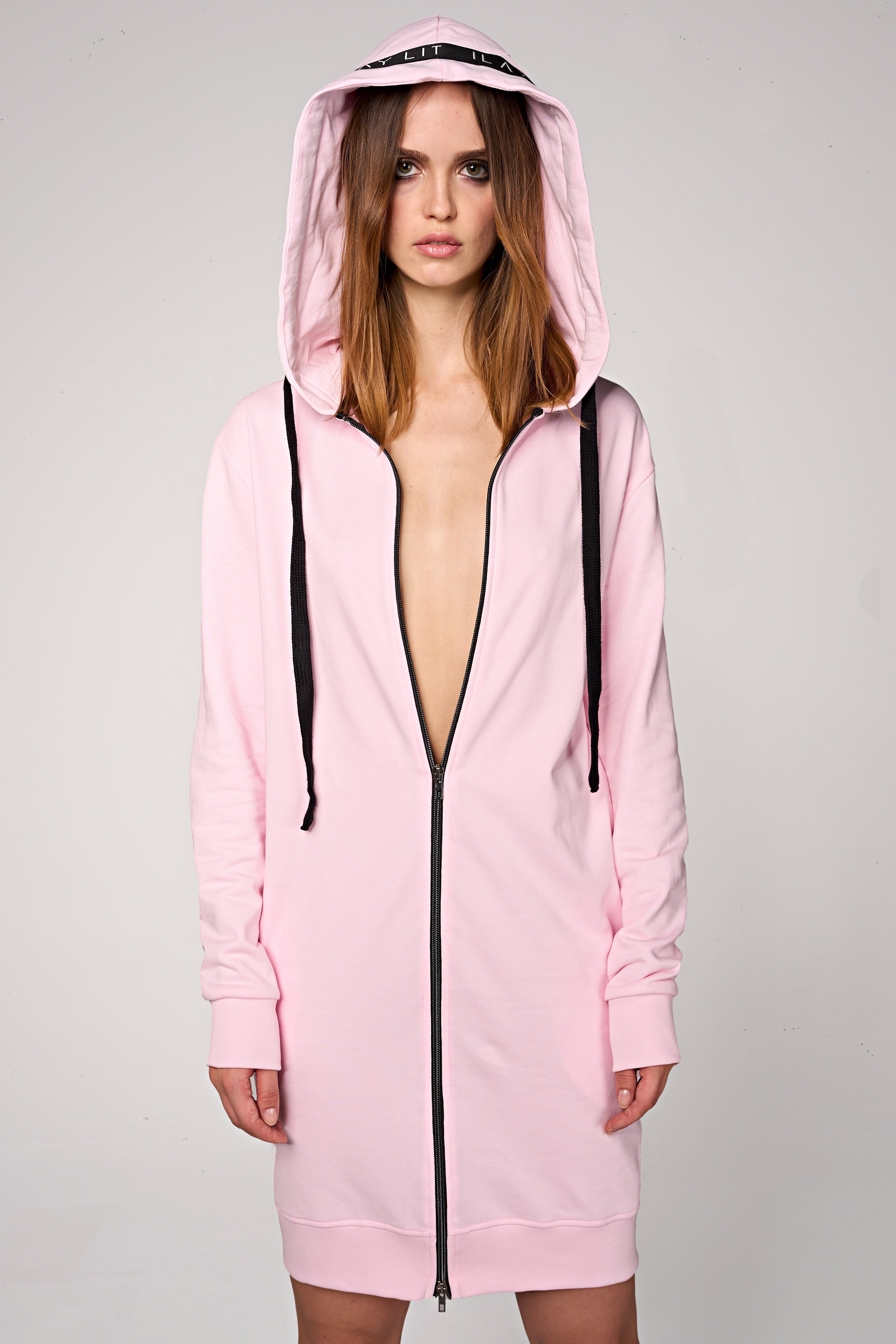 Kapuzennickijacke Midi Coat- Rosa -Lässiger Hoodiemantel im Urban Style