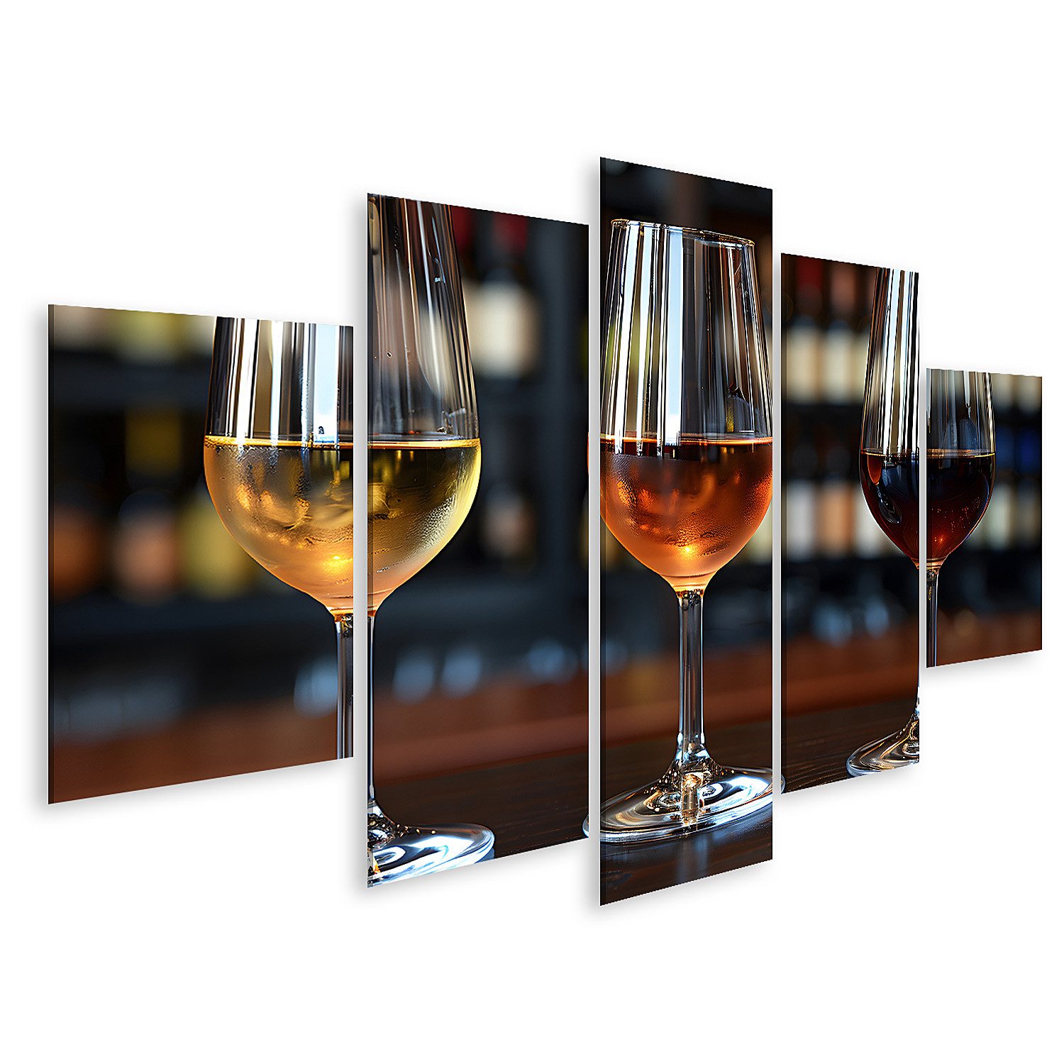 Leinwandbild Drei edle Weingläser, gefüllt mit Rotwein, stilvoll auf Holztisch arra