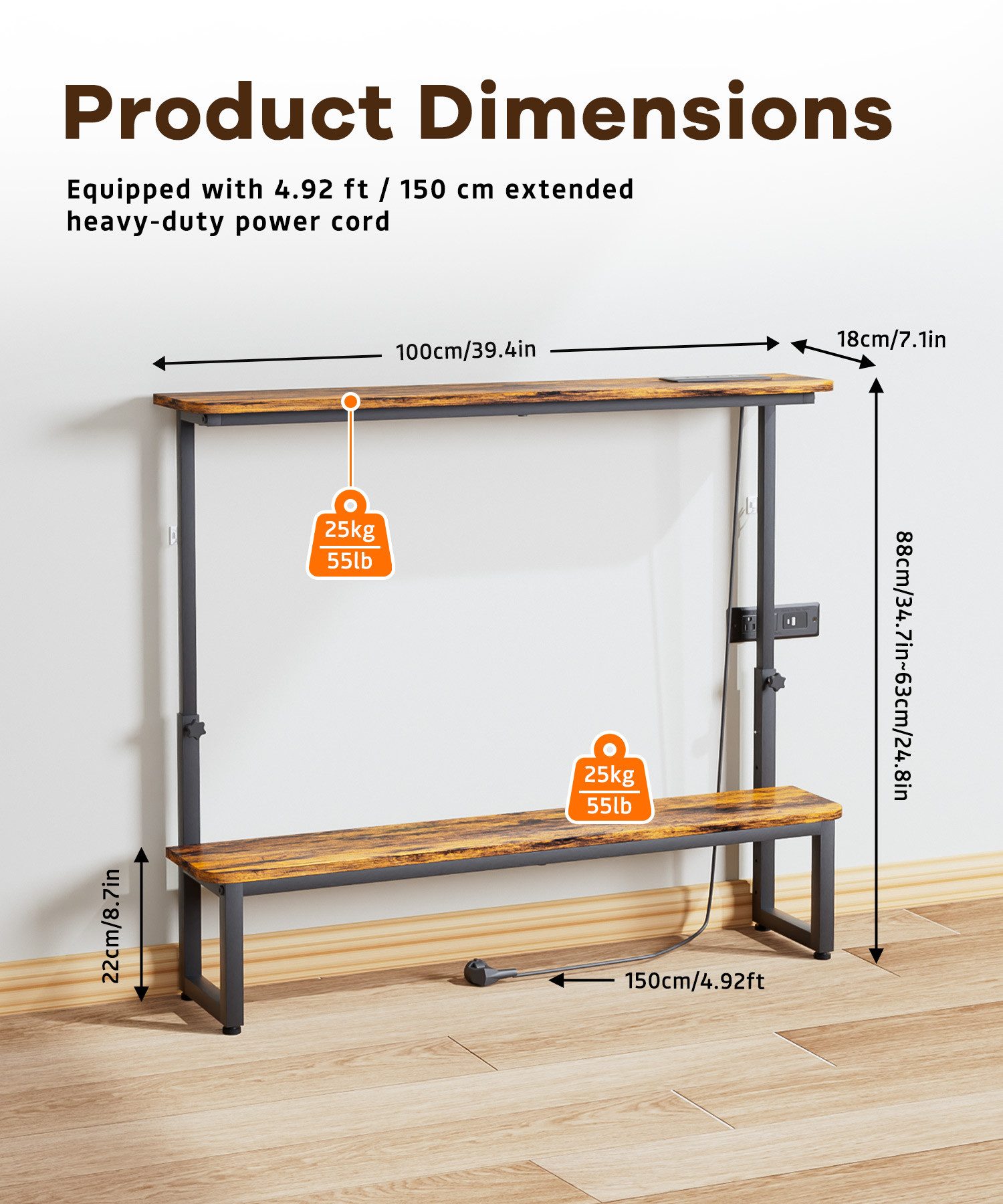 Yorbay Konsolentisch mit 2 Ablagen & integrierten Steckdosen,Höhenverstellbarer Sofatisch (100x18x63/88 cm), Kompakte Anrichte mit USB-Ports für Flur, Wohnzimme – Bild 3 von 5