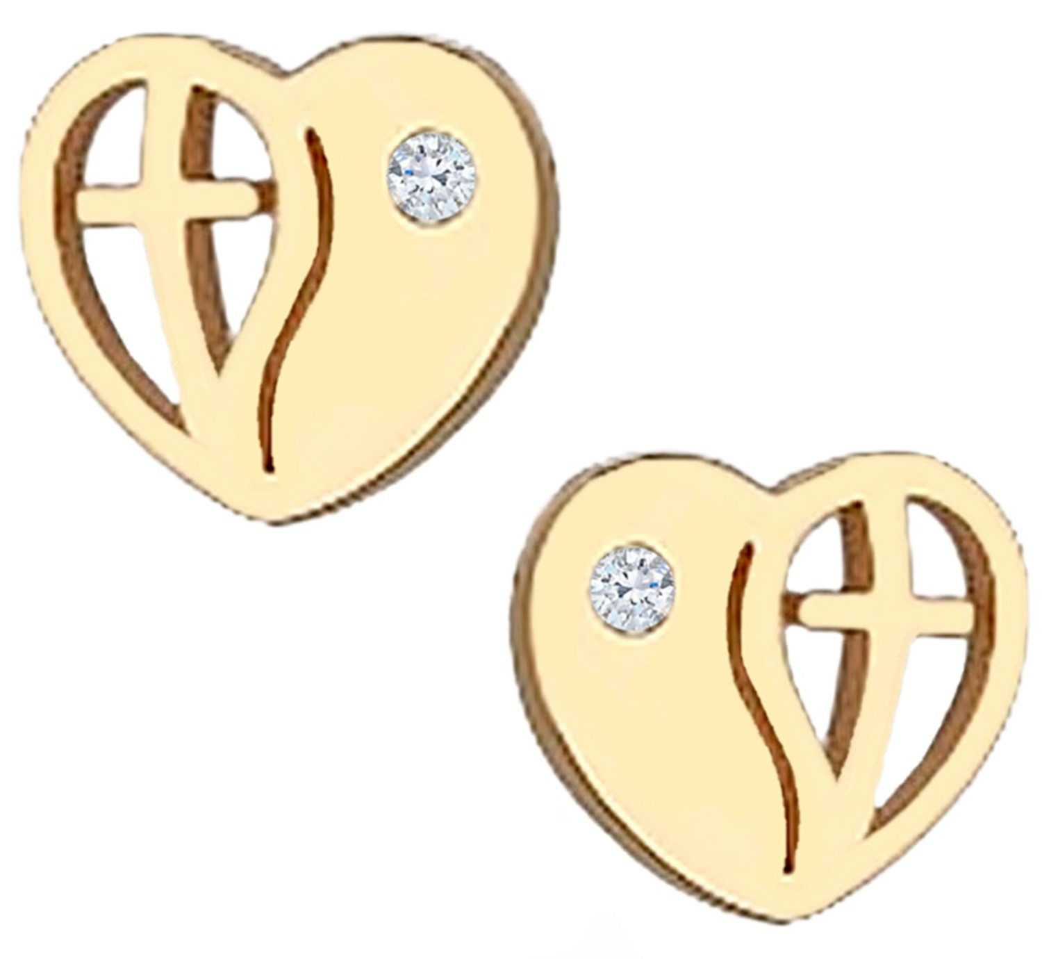 Paar Ohrstecker Ohrringe Gold Kreuz Herz 925 Silber Gelbgold vergoldet Zirkonia