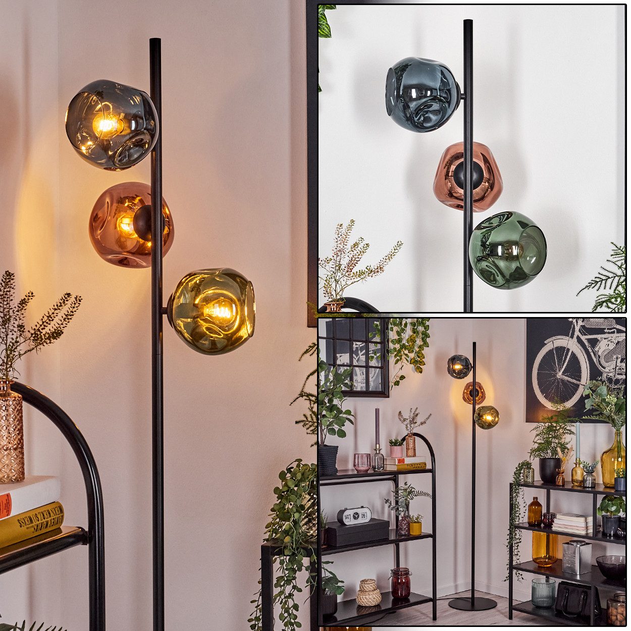 hofstein Stehlampe Stehlampe aus Metall/Glas in Schwarz/Kupfer/Blau/Grün mit Fußschalter, ohne Leuchtmittel, Stehleuchte im Retro/Vintage-Design mit Glasschirmen (15 cm), E14