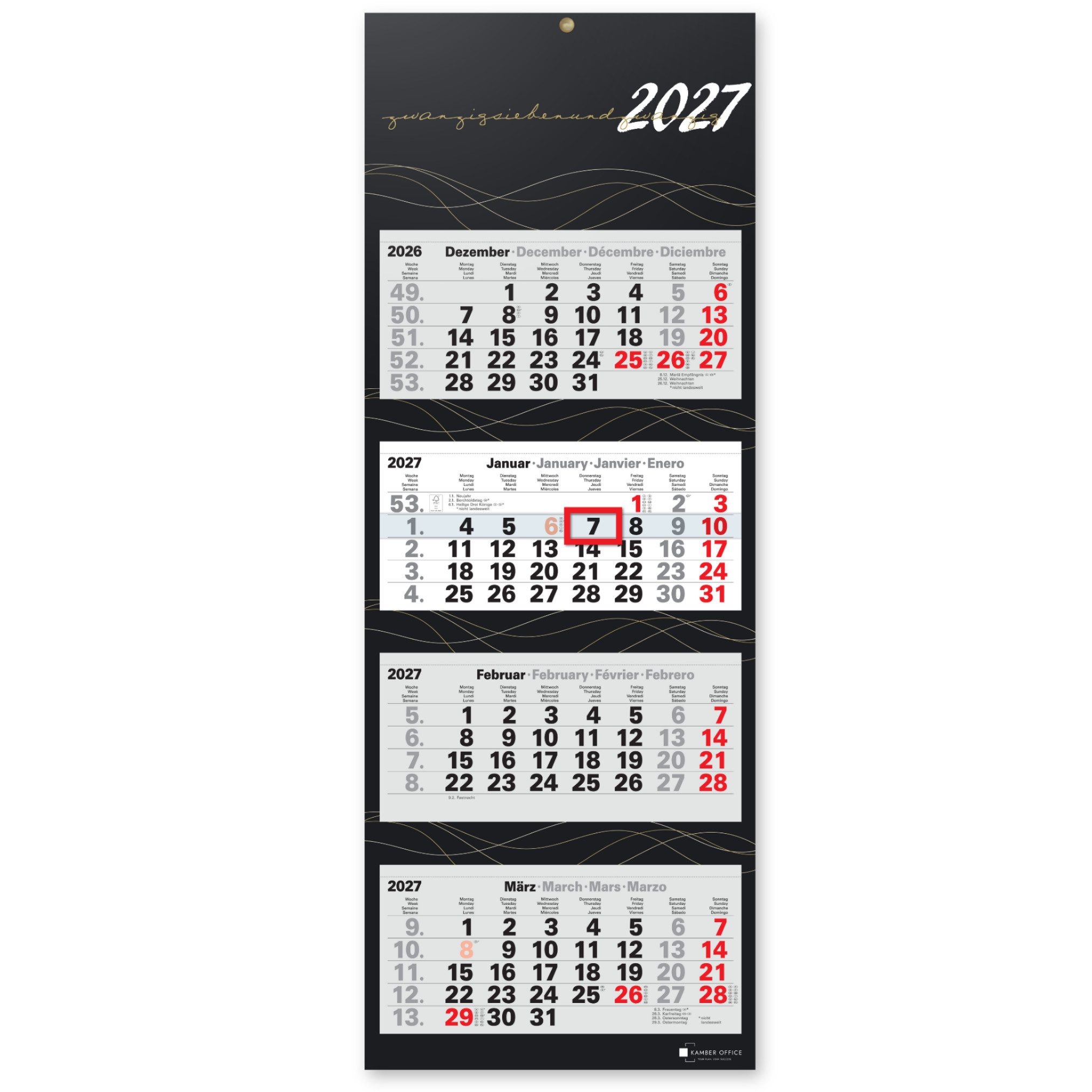 Kamber Office Wandkalender 4-Monatskalender 2027 mit Schieber Büro Kalender, Viermonatskalender 2027 groß mit Datumsschieber Jahreskalender faltbar