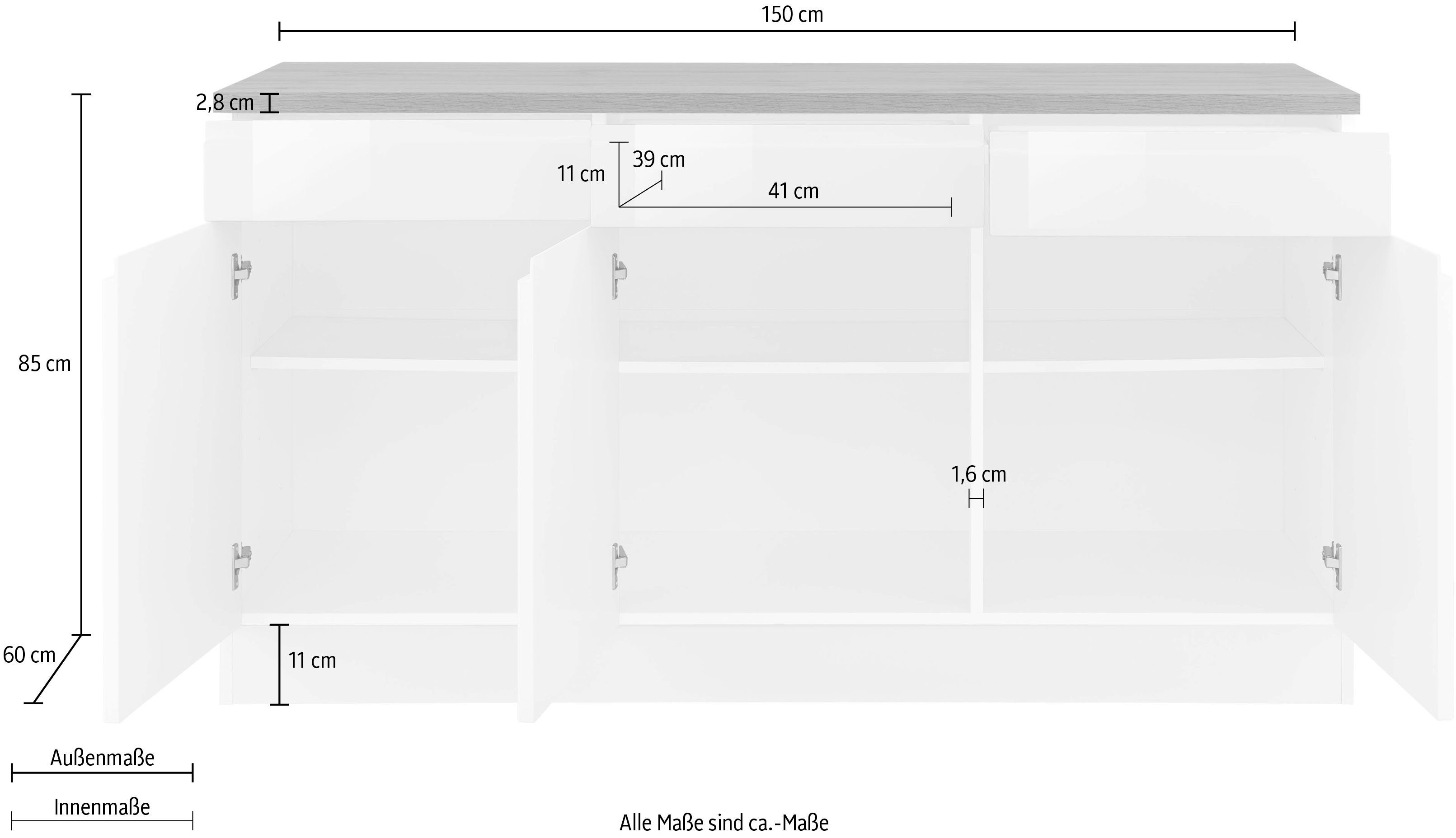 | Hochglanz Virginia griffloses 3 Unterschrank breit, 150 cm Türen, Design 85 hoch, MÖBEL 3 grafit cm grau Schubladen, HELD