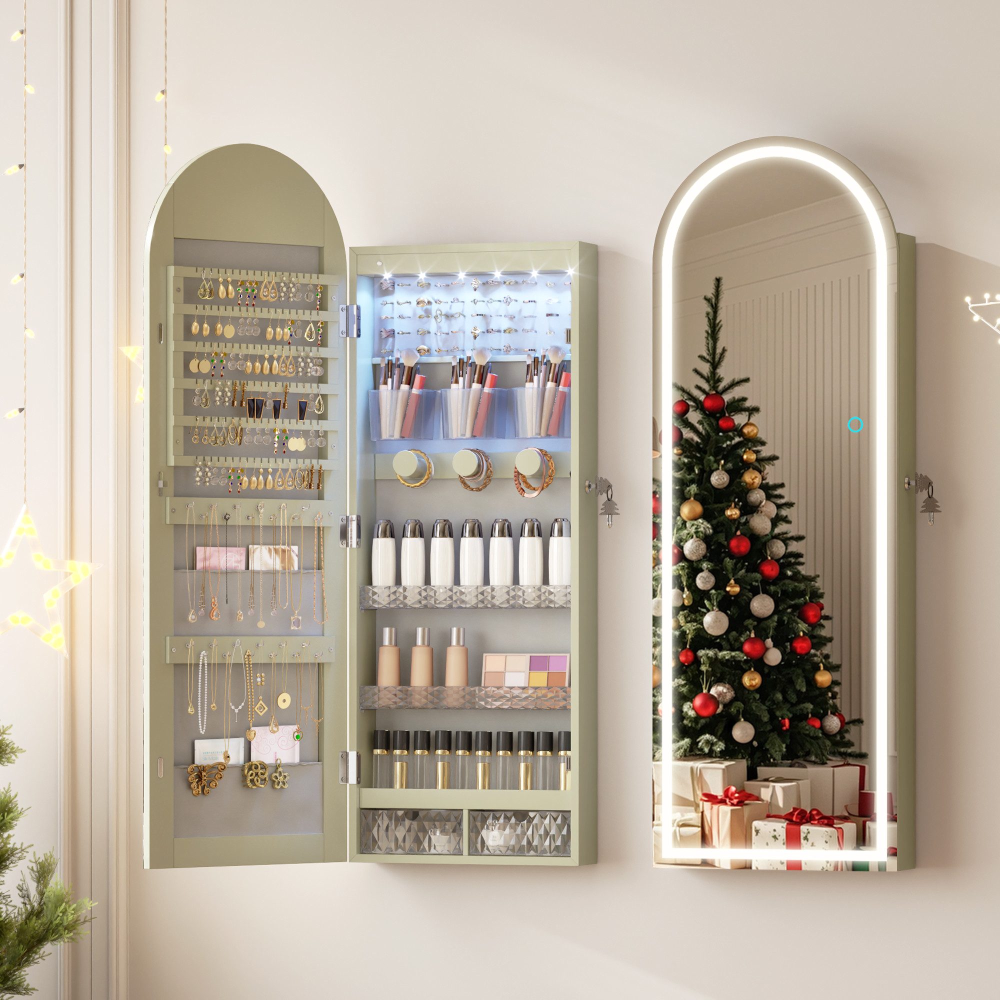 LVSOMT Schmuckschrank mit 3 Farben Licht, aus MDF, explosionssicherem Glas und Samt (1-St) mit Make-up-Spiegel, 108×40cm, grün
