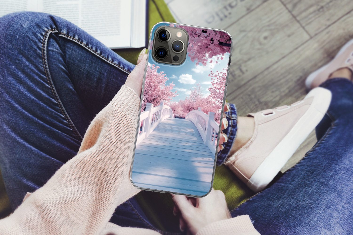 MuchoWow Handyhülle für Apple iPhone 13 Pro Max Brücke - Kirschbäume - Weiß, Smartphone-Bumper, Print, Handy Schutzhülle Dünn