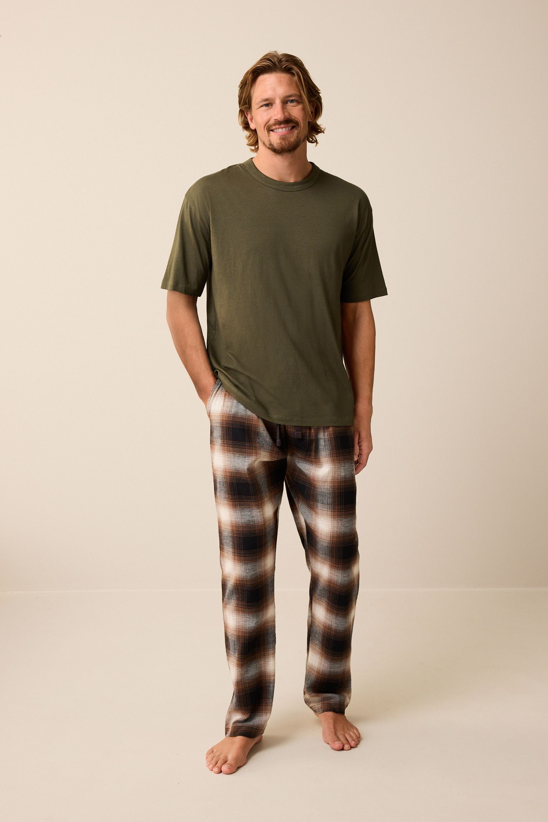 Next Pyjama Signature Gewebtes angerauter Pyjama (2 tlg) Green/Brown