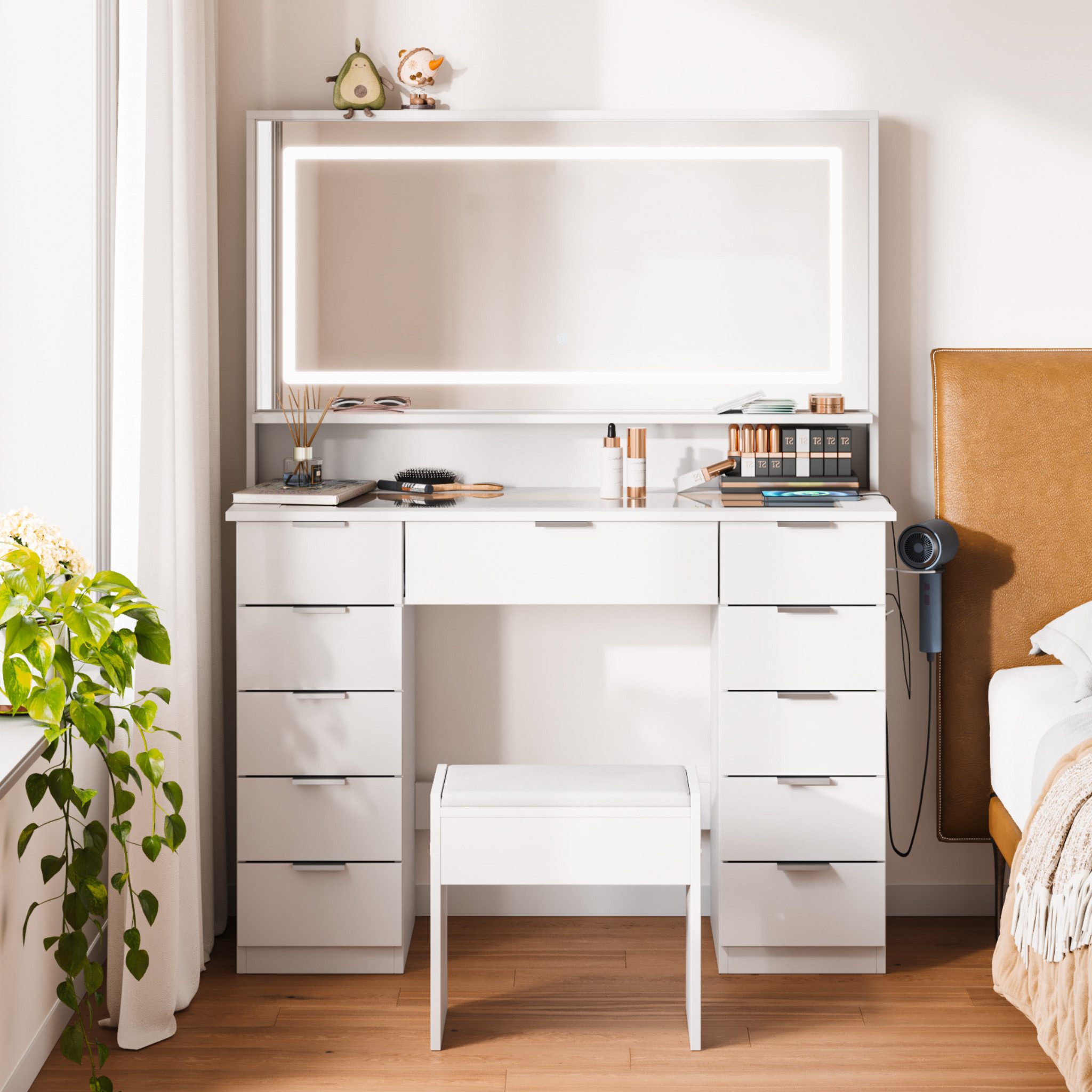 Mondeer Schminktisch Kosmetiktisch-Set(2-St), mit LED-Spiegel, 11 Schubladen und Hocker – Bild 2 von 5