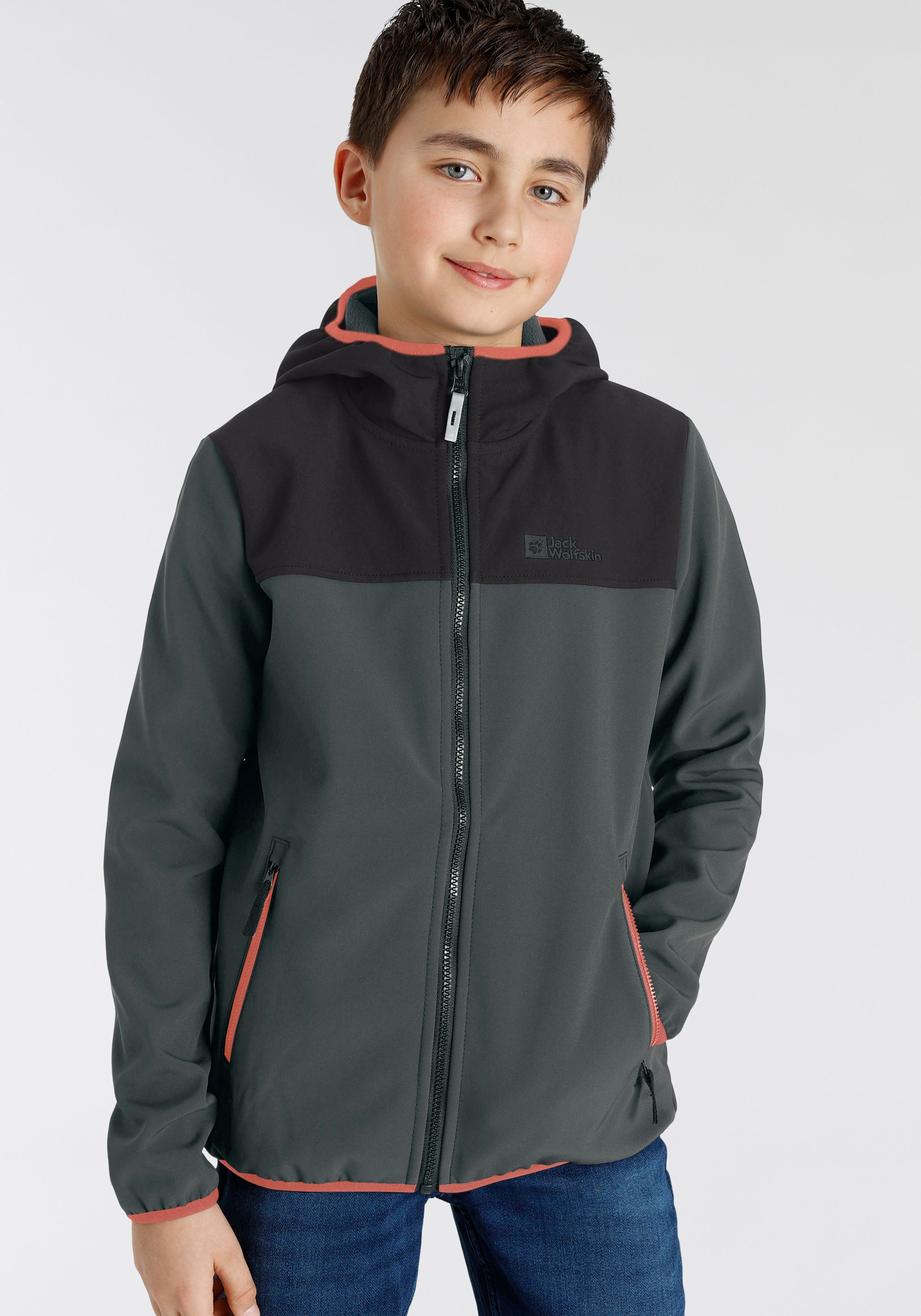 KIDS green Jack mit abgesetzten farblich FOURWINDS Details Softshelljacke slate Wolfskin JACKET