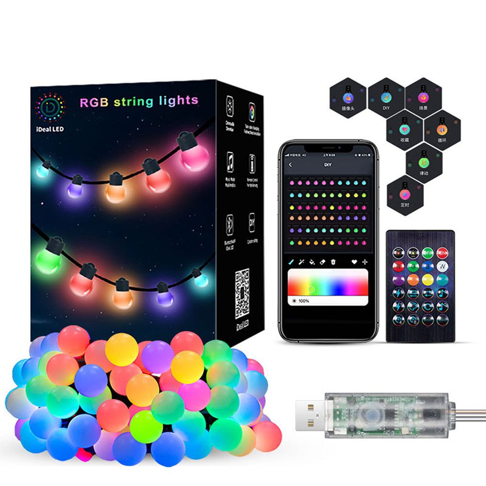 PRIISF LED-Lichterschlauch LED Kugeln Lichterkette Smart Glühbirnenkette Bunt Birnen Beleuchtung, RGB Ambiente Musik LED-Lichterkette Garten Innen Aussen Dekoration