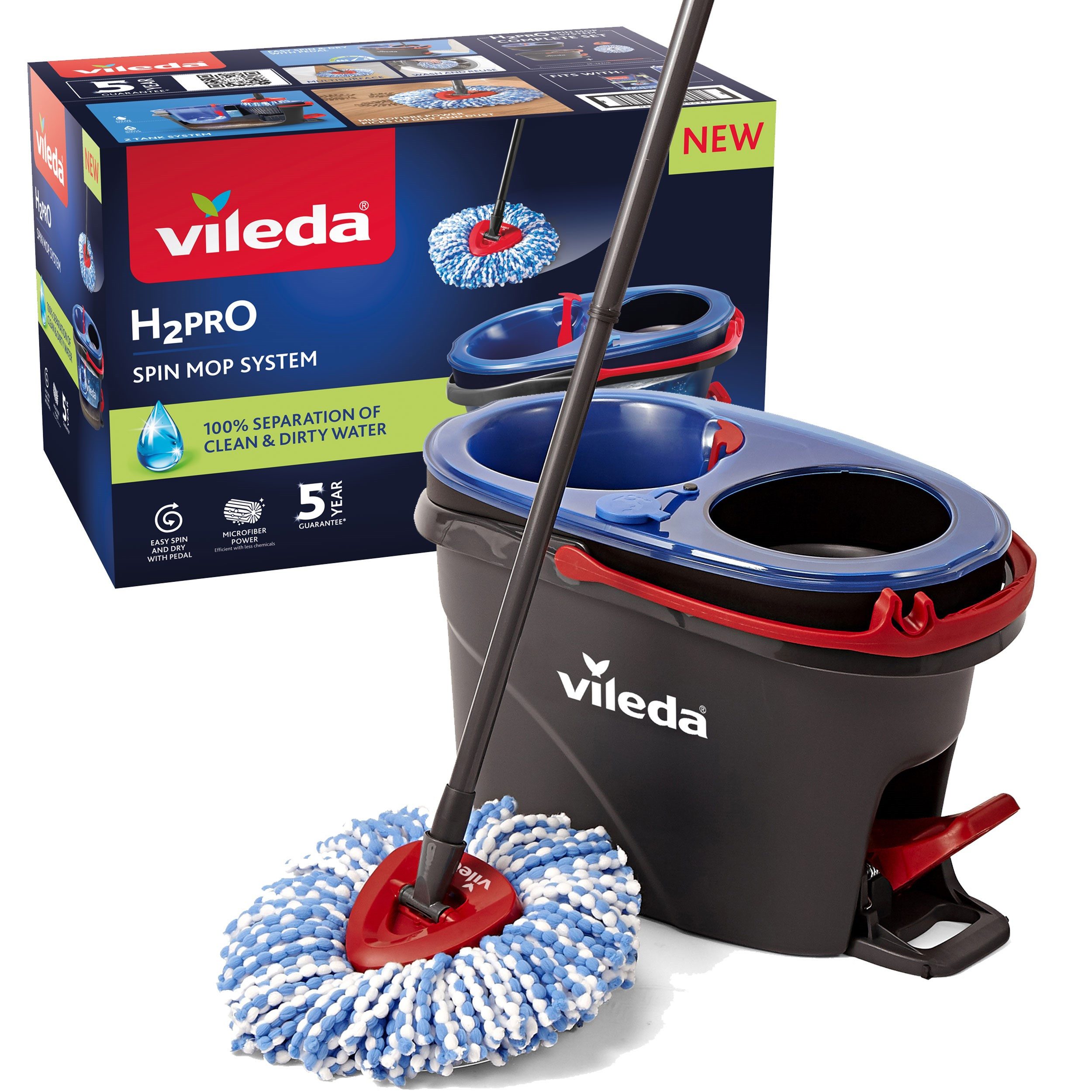Vileda Bodenwischer-Set Vileda H2PrO Spin Mop System, (Set, 3-St), Sauberes Wasser bei jedem Ausspülen