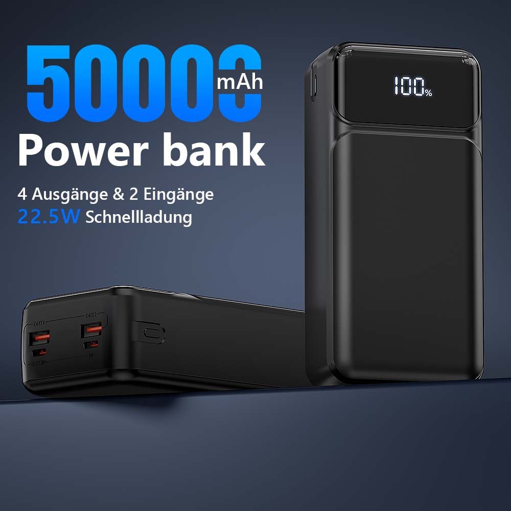 Pdgrid 50000mAh 22.5W Schnellladung Große Kapazität Tragbare Powerbank 23A 50000 mAh, 4 Anschlüsse, für iPhone, Samsung, iPad