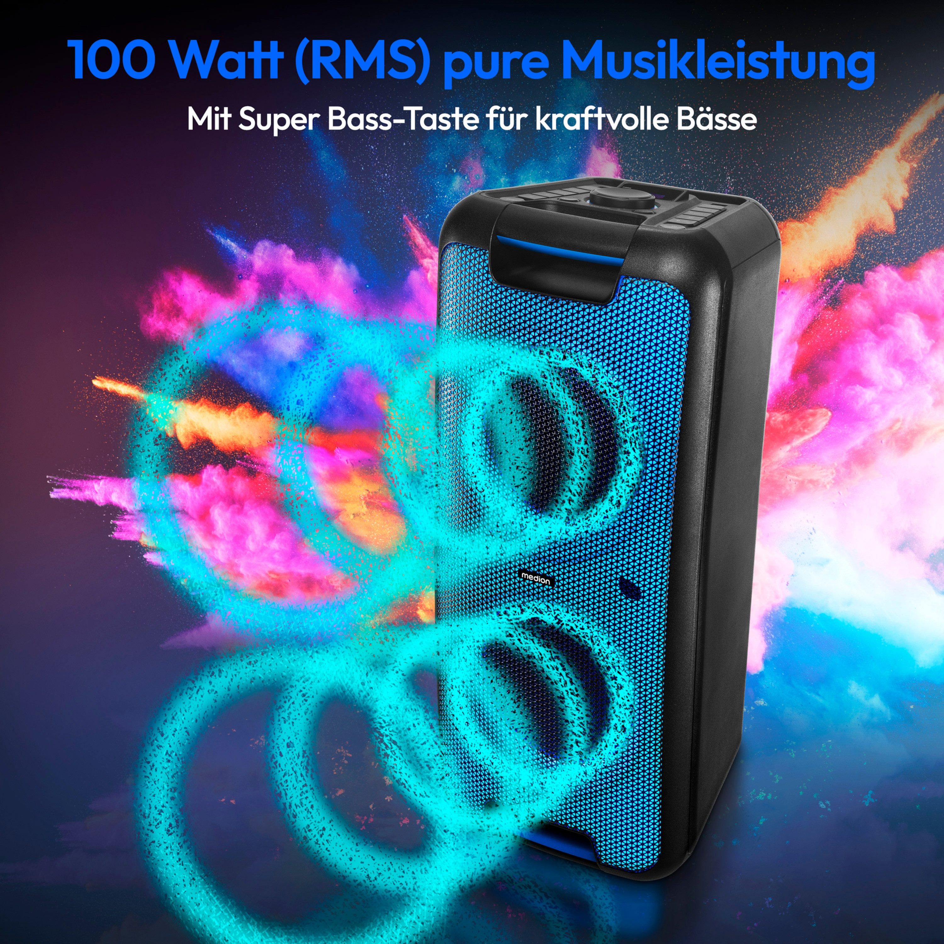 Medion® Partylautsprecher MEDION® LIFE® PX-1 Plus (MD400001) Lautsprecher (Bluetooth, 90 W, Lichteffekte, Karaoke, Bluetooth)