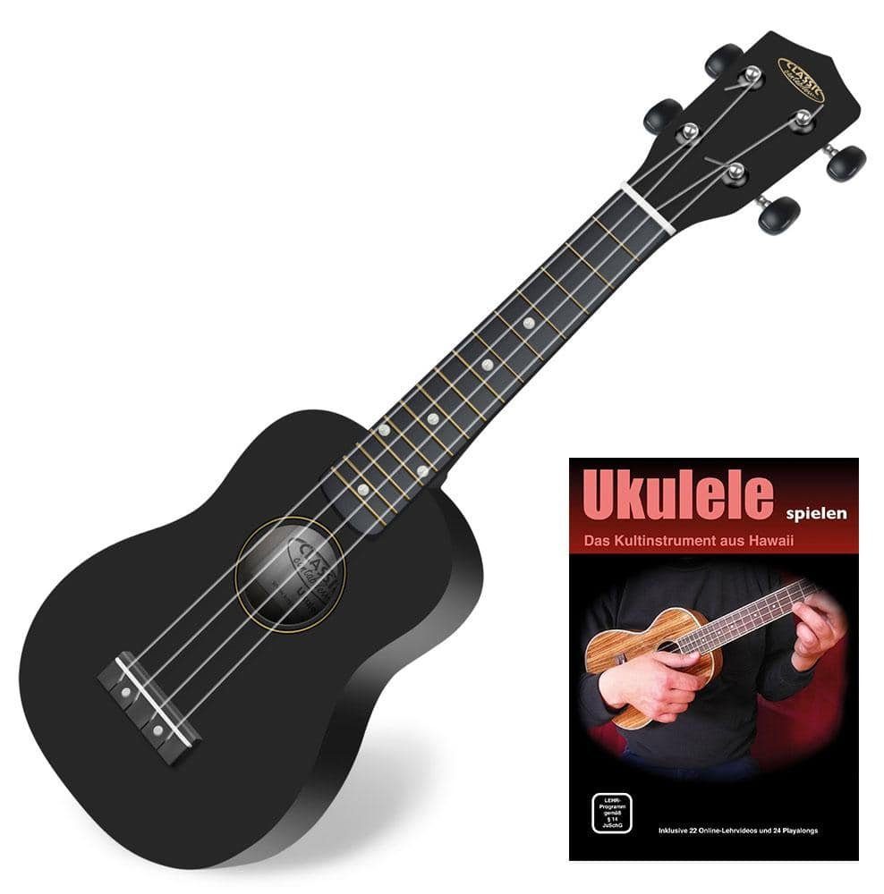 Classic Cantabile Ukulele Sopranukulele (Ukulele, Uke, 15 Bünde, leichtgängige Гитарыmechanik), Spar-Set inklusive Ukulele-Schule