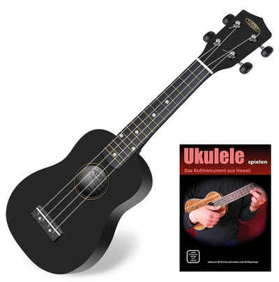 Classic Cantabile Ukulele Sopranukulele (Ukulele, Uke, 15 Bünde, leichtgängige Gitarrenmechanik), Spar-Set inklusive Ukulele-Schule