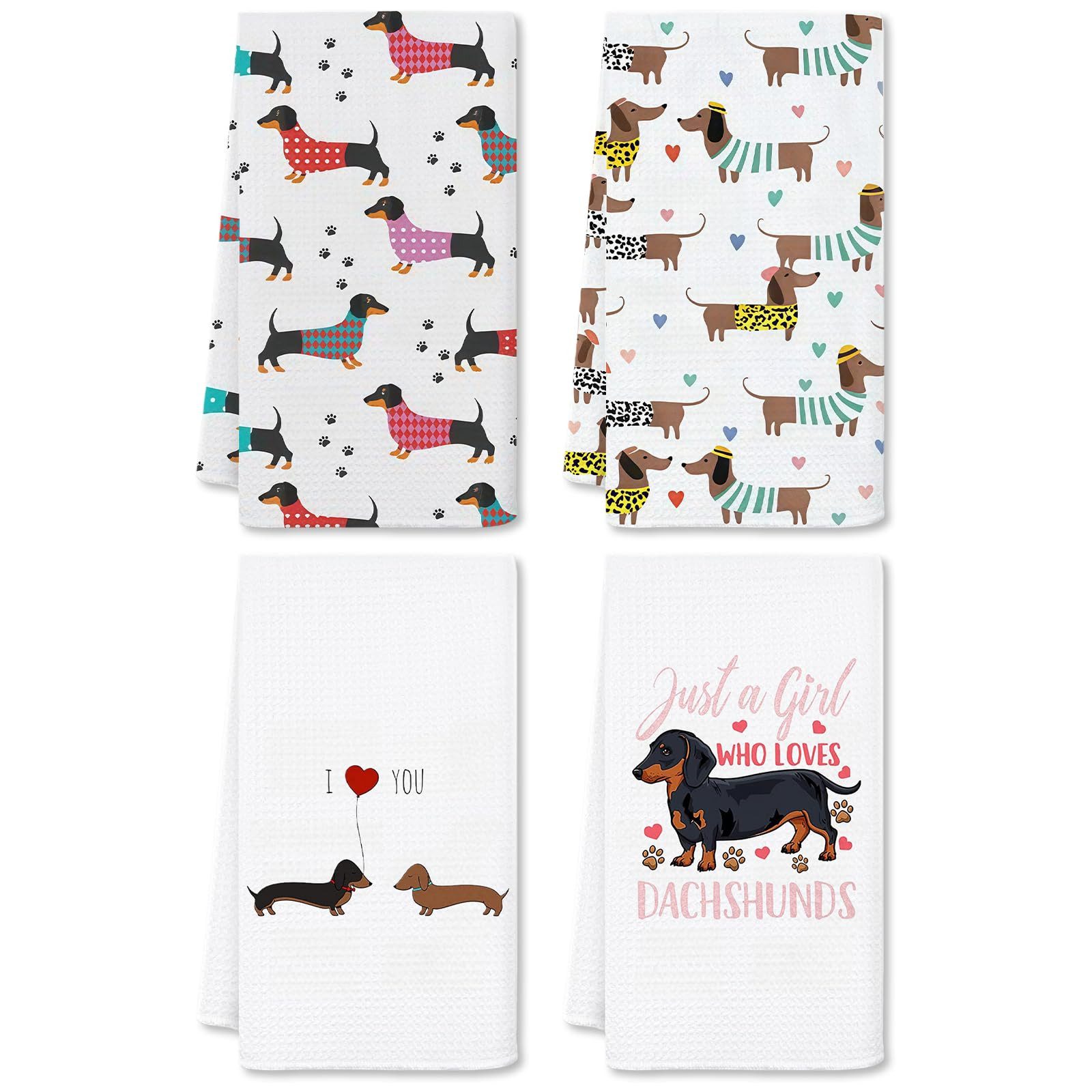 FOUORTUNATE-BEE Handtuch Set Dackel Küchentücher Set 4 Stück saugstarke Handtücher 40x60 cm, Dackel Geschirrtücher für Küche Deko Geschenk für Hundeliebhaber